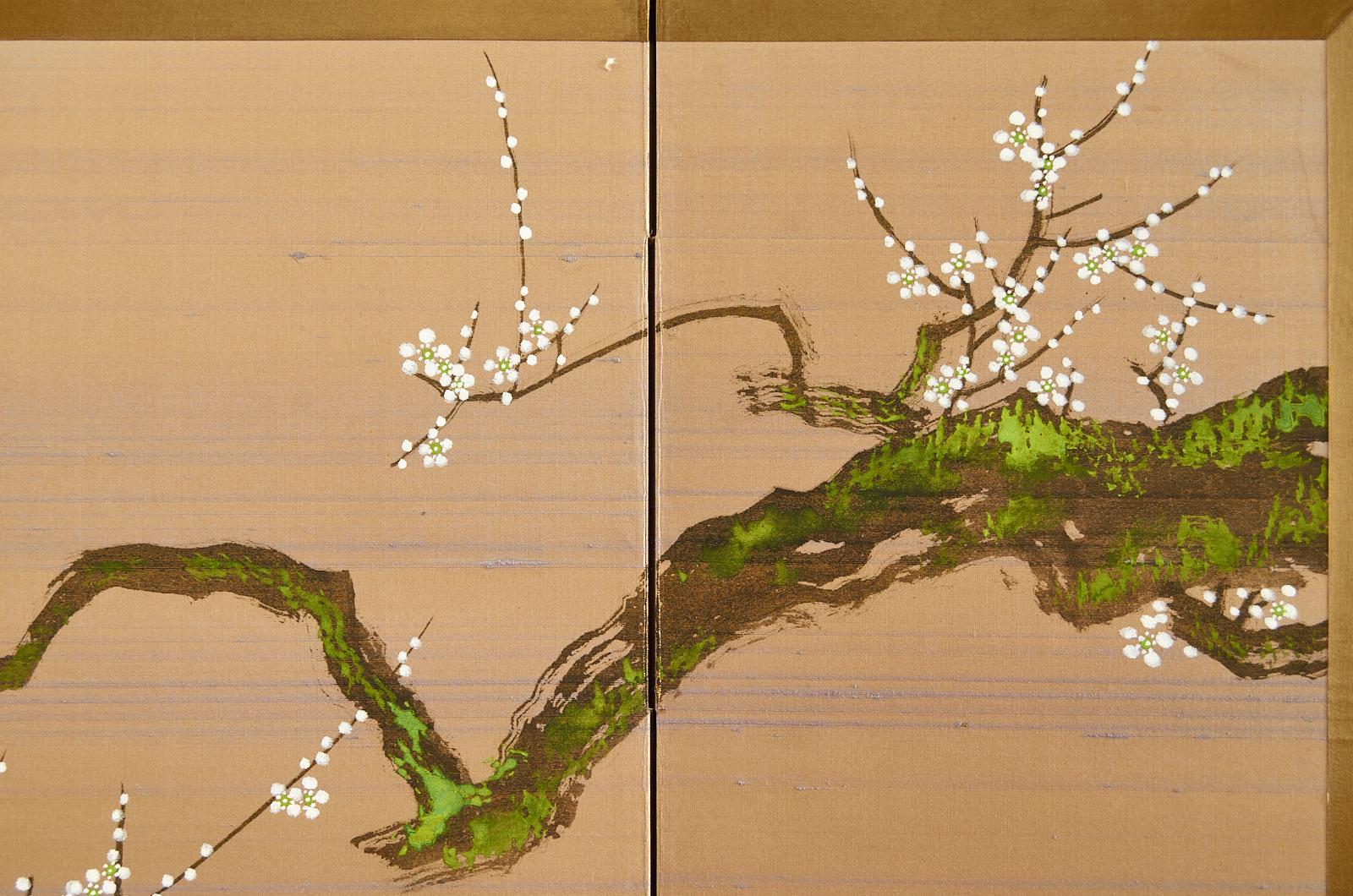 Japanese Showa Four Panel Screen Flowering Prunus Tree 3