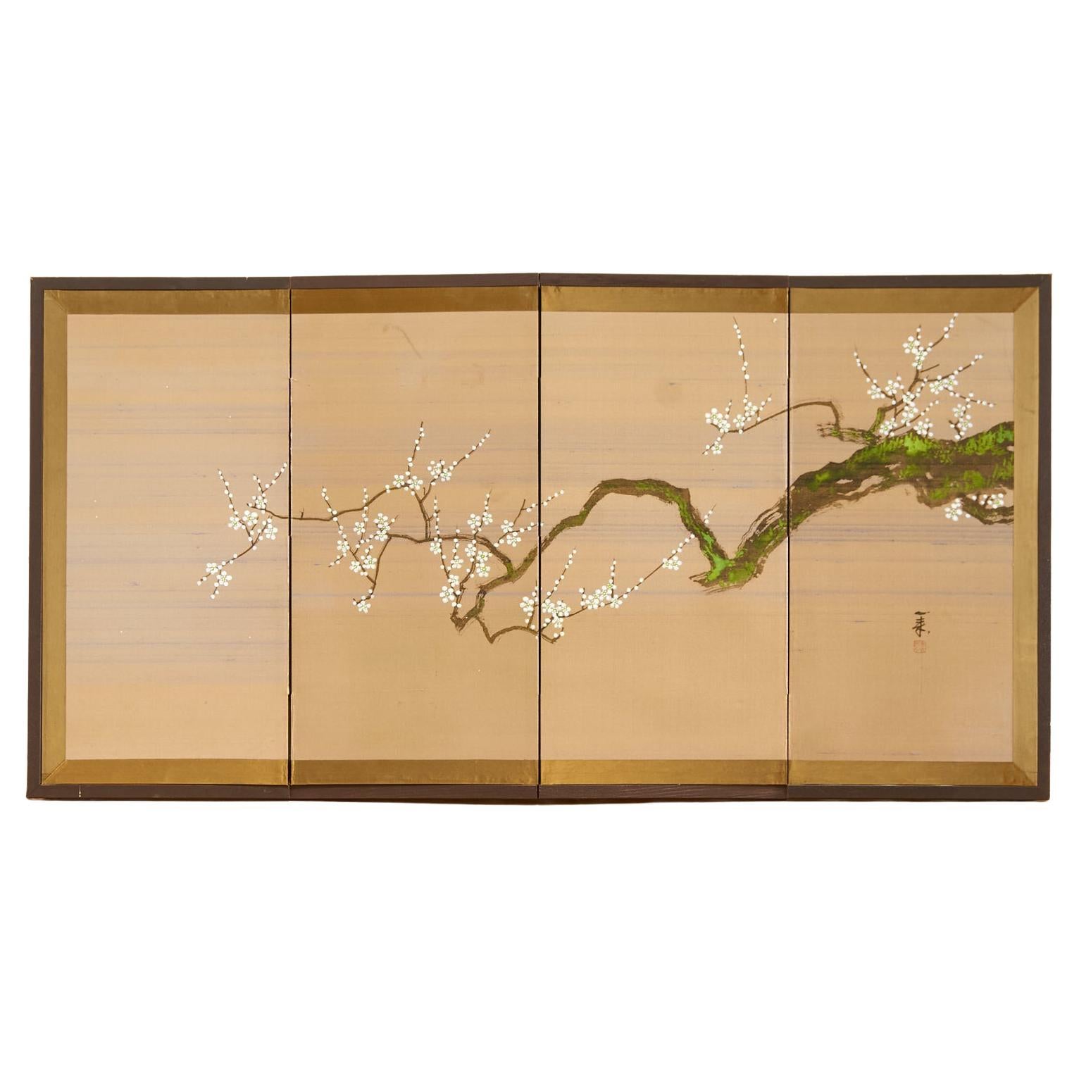 Japanese Showa Four Panel Screen Flowering Prunus Tree