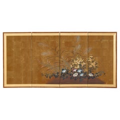 Japanese Showa Four Panel Screen Flowers with Dragonfly