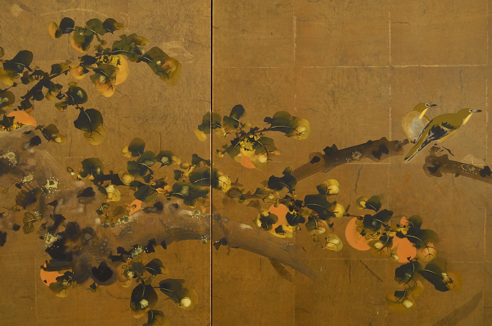 Japanese Showa Four Panel Screen Fruiting Persimmon with Sparrows 4