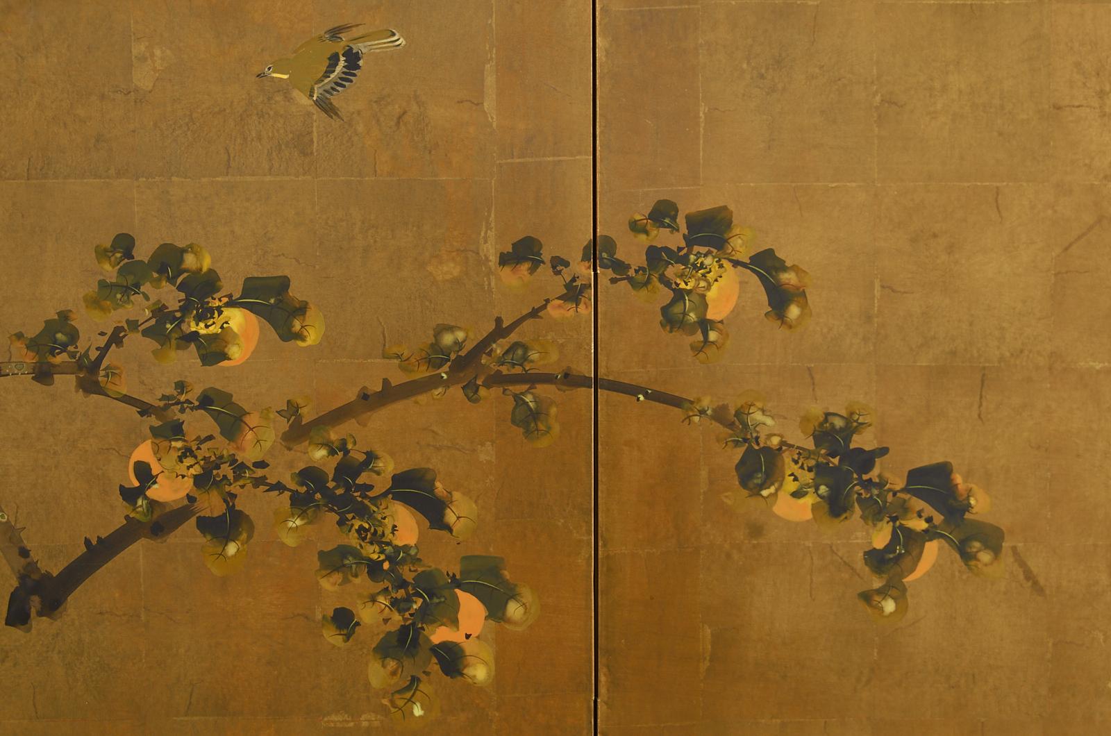 Japanese Showa Four Panel Screen Fruiting Persimmon with Sparrows 6