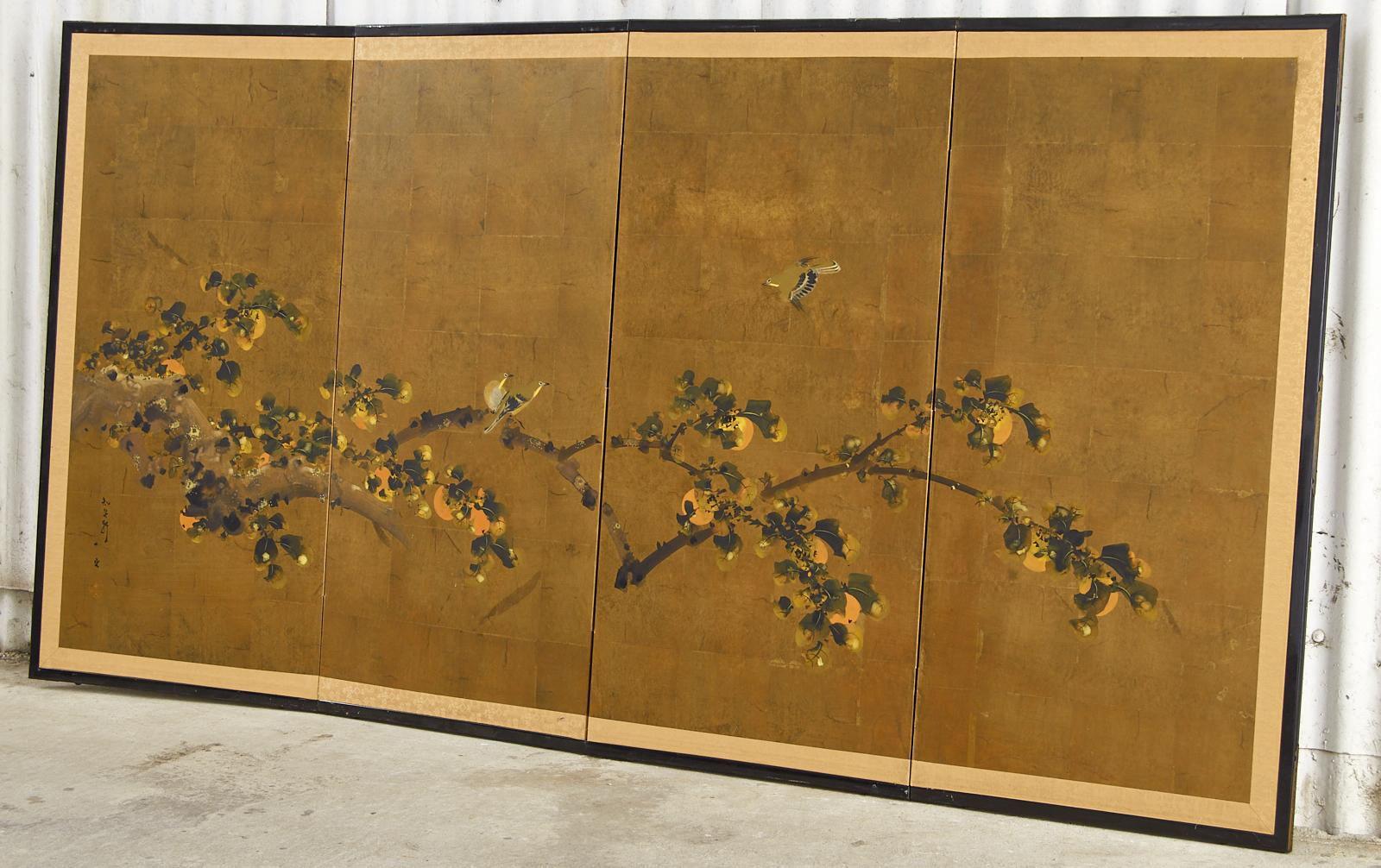 Japanese Showa Four Panel Screen Fruiting Persimmon with Sparrows 12