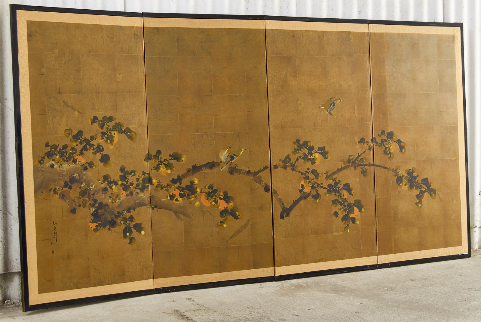 Lacquered Japanese Showa Four Panel Screen Fruiting Persimmon with Sparrows