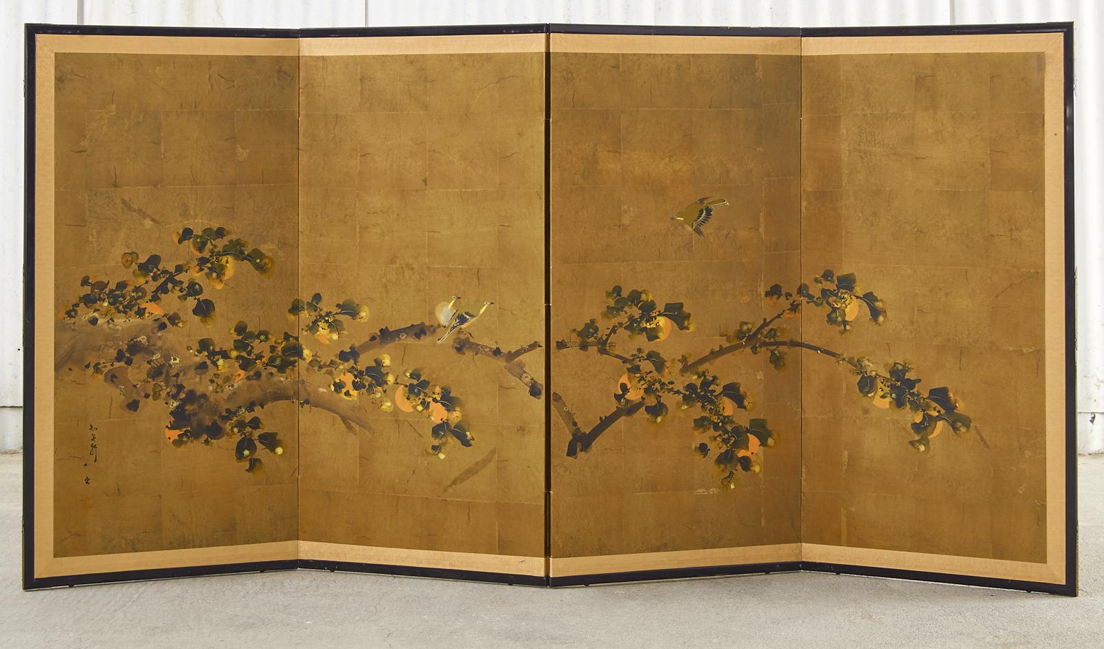 20th Century Japanese Showa Four Panel Screen Fruiting Persimmon with Sparrows