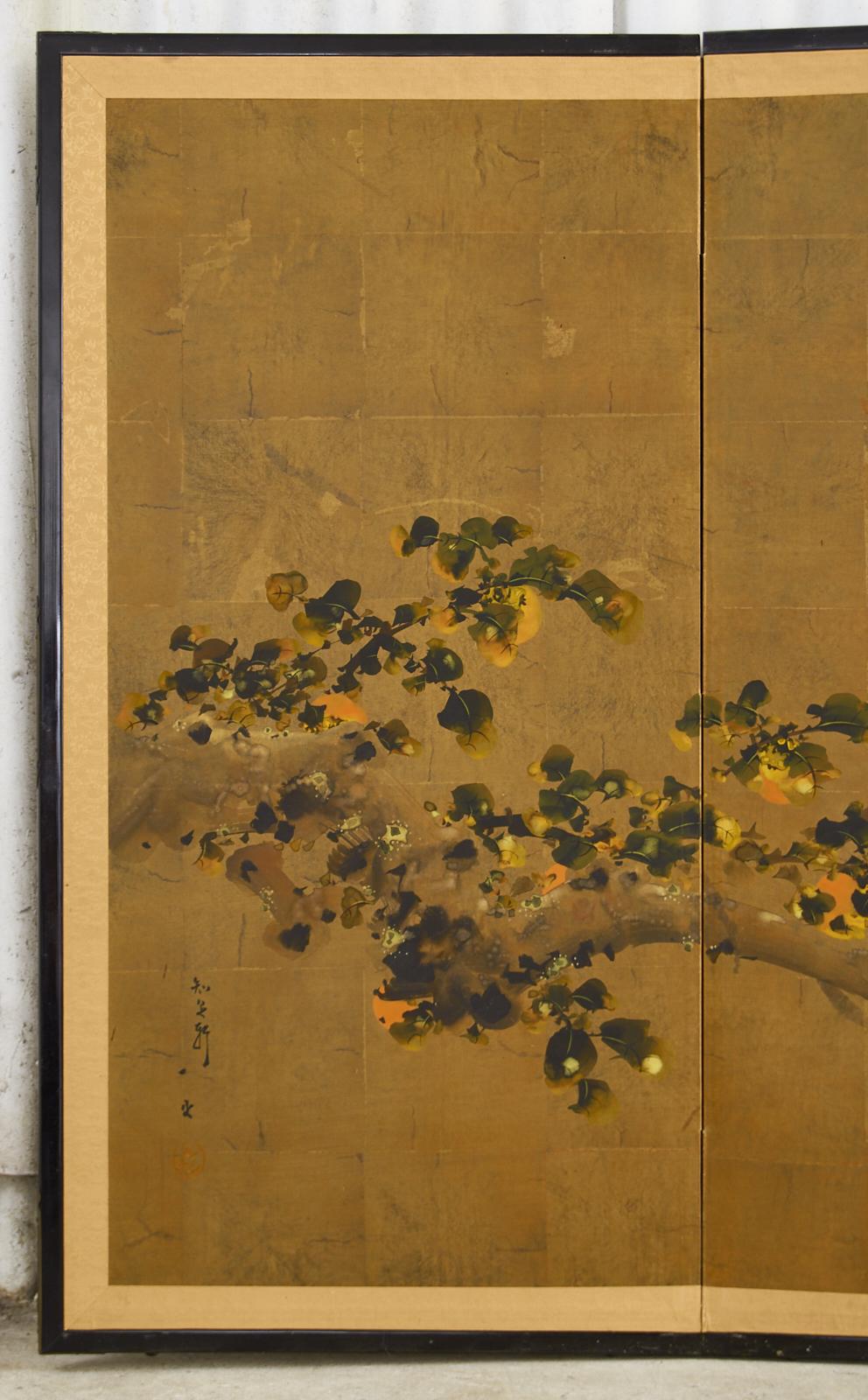 Brass Japanese Showa Four Panel Screen Fruiting Persimmon with Sparrows