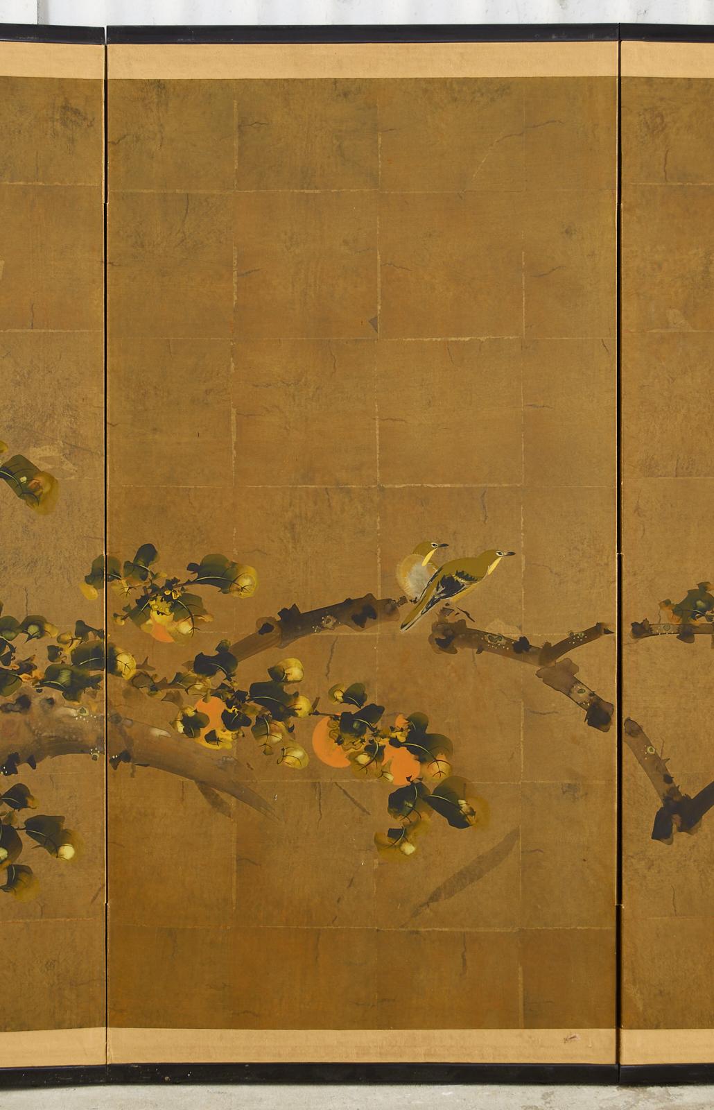 Japanese Showa Four Panel Screen Fruiting Persimmon with Sparrows 2