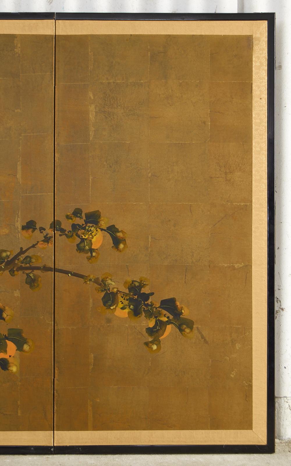 Japanese Showa Four Panel Screen Fruiting Persimmon with Sparrows 3