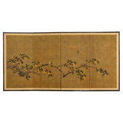Japanese Showa Four Panel Screen Fruiting Persimmon with Sparrows