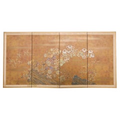 Japanese Showa Four Panel Screen Gilt Moriage Flowers
