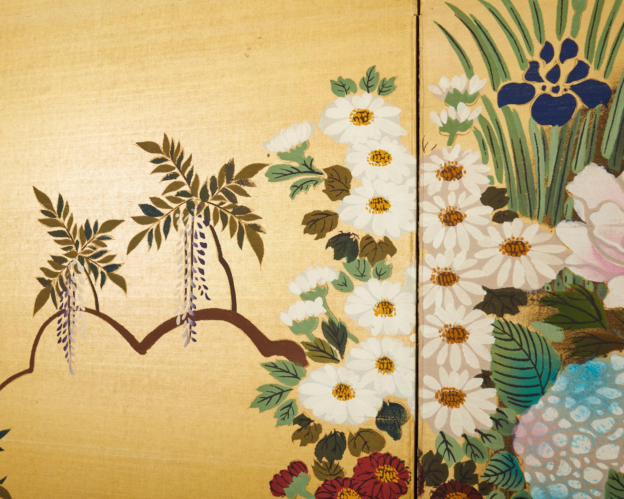 Japanese Showa Four Panel Screen Hanaguruma Flower Cart For Sale 7