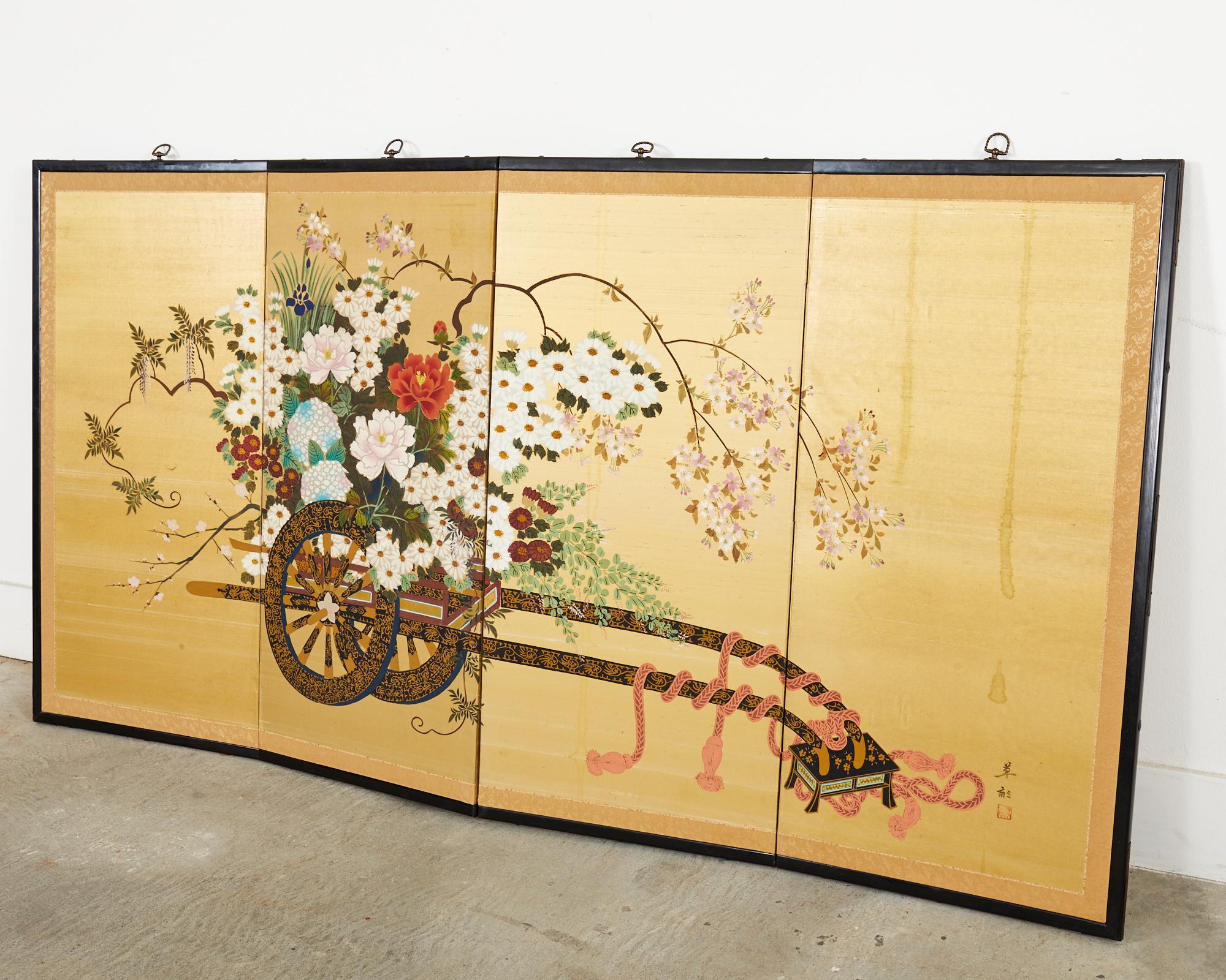 Japanese Showa Four Panel Screen Hanaguruma Flower Cart For Sale 8