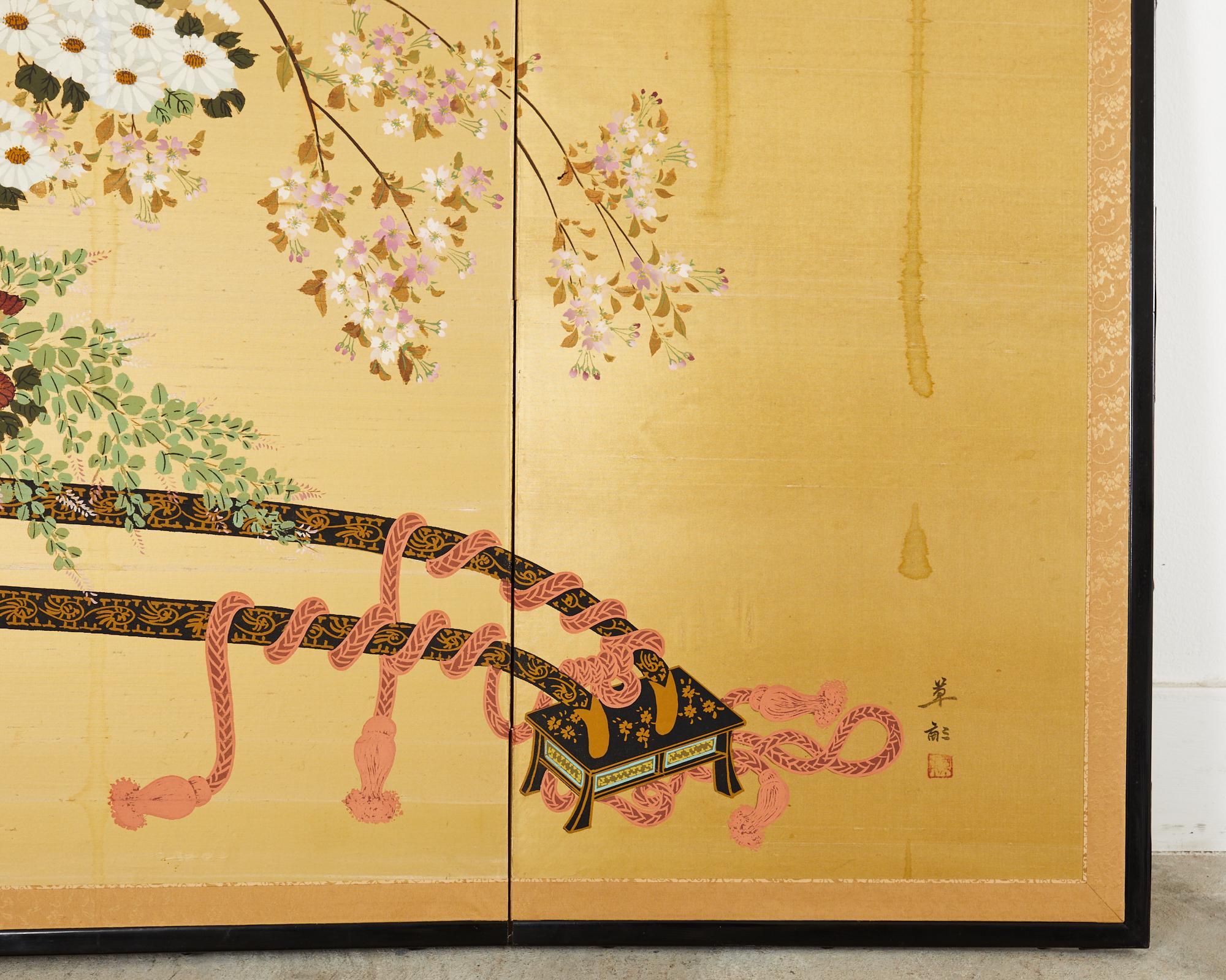 Japanese Showa Four Panel Screen Hanaguruma Flower Cart For Sale 11
