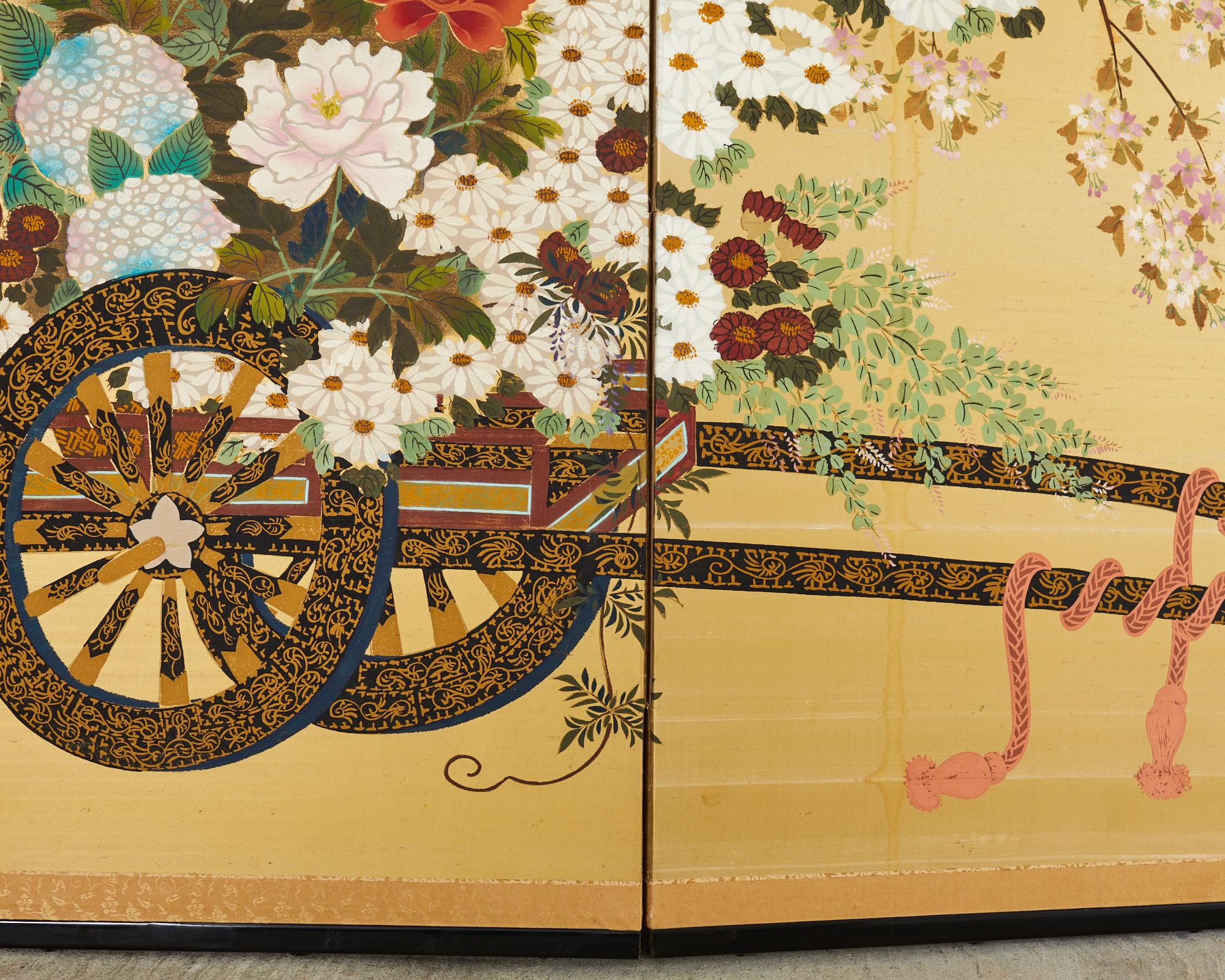 Japanese Showa Four Panel Screen Hanaguruma Flower Cart For Sale 12