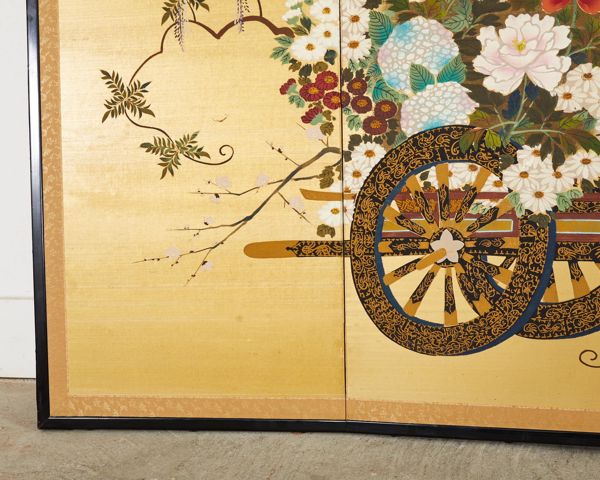 Japanese Showa Four Panel Screen Hanaguruma Flower Cart For Sale 13