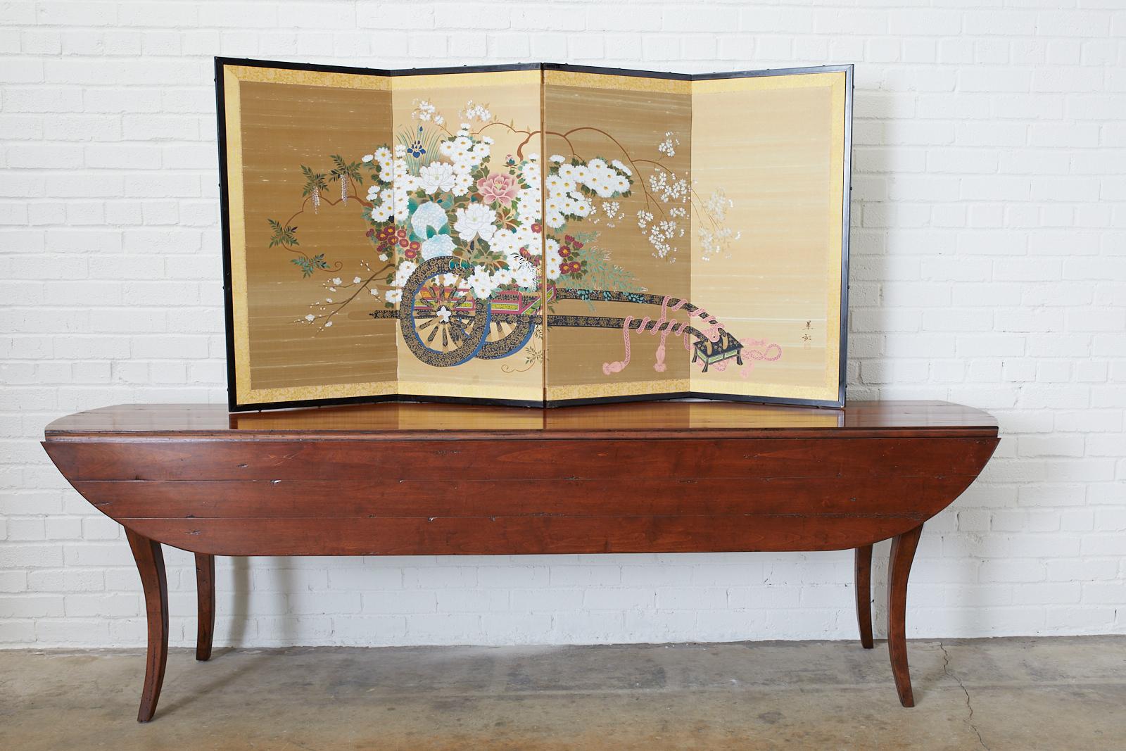 Beautiful Japanese Showa period four-panel silk screen depicting a colorful Hanaguruma or flower cart. A bountiful cornucopia of peonies, irises, wisteria, and chrysanthemums set in a festival style cart with parcel gilt embellishments and pink