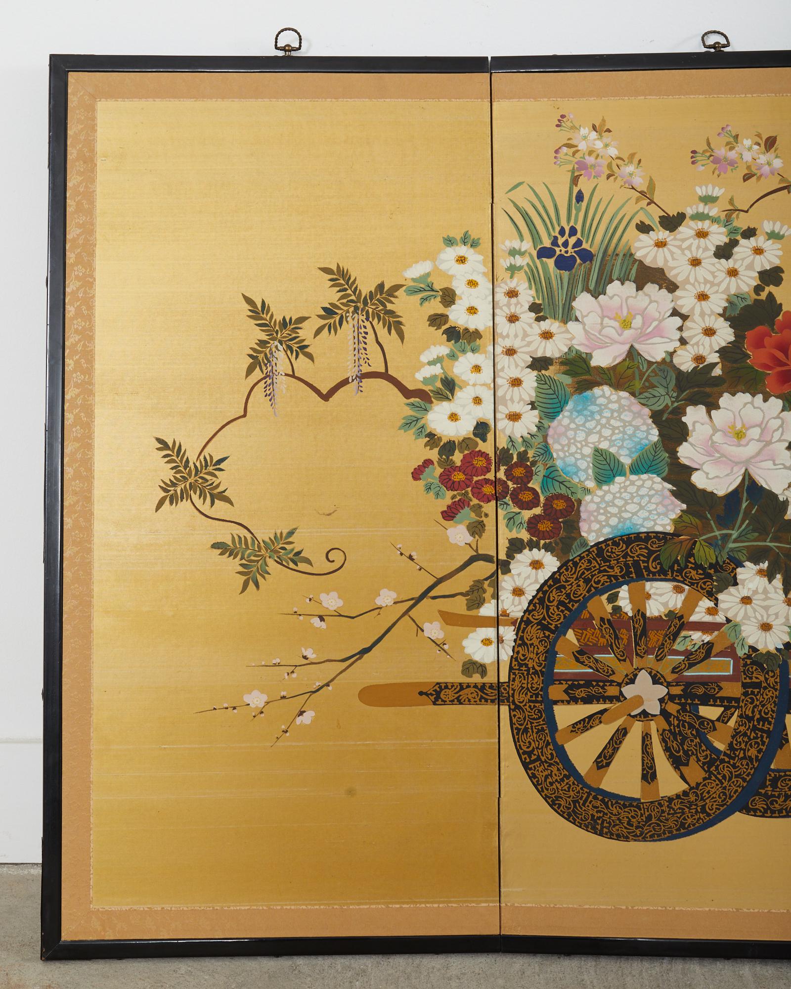 Hand-Crafted Japanese Showa Four Panel Screen Hanaguruma Flower Cart For Sale
