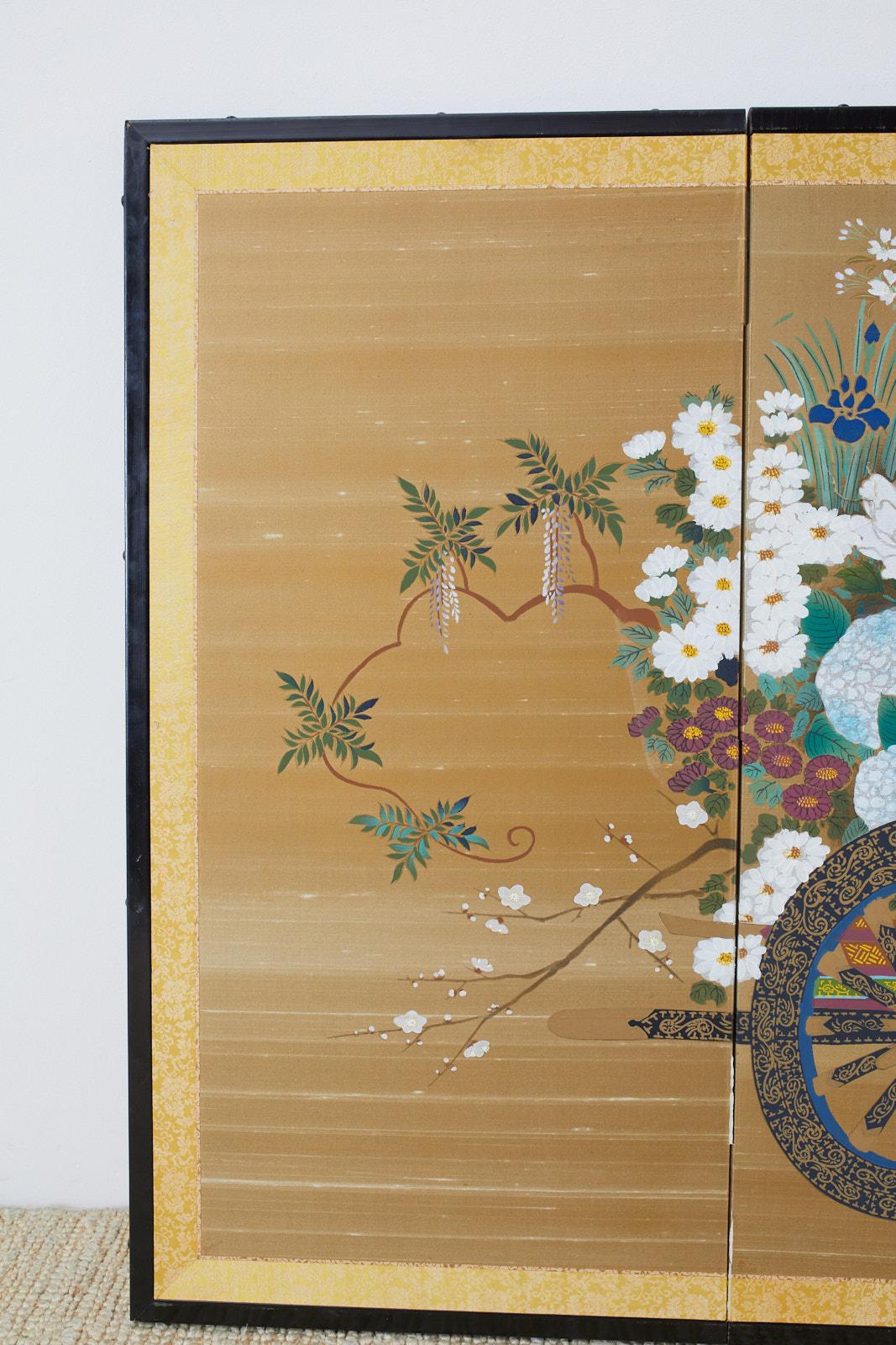 Hand-Crafted Japanese Showa Four-Panel Screen Hanaguruma Flower Cart