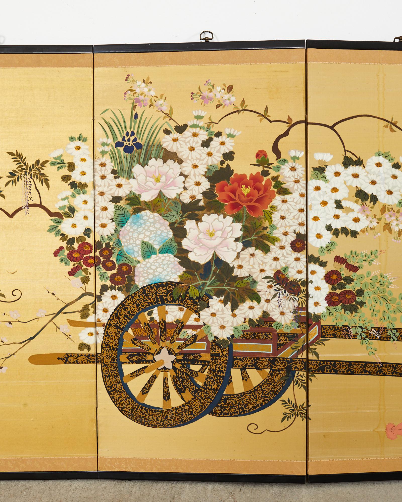 Japanese Showa Four Panel Screen Hanaguruma Flower Cart In Good Condition For Sale In Rio Vista, CA