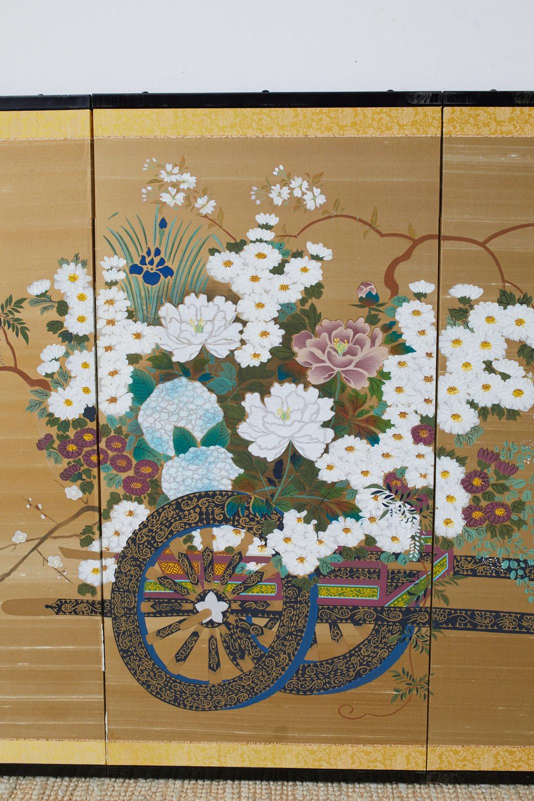 Japanese Showa Four-Panel Screen Hanaguruma Flower Cart In Good Condition In Rio Vista, CA