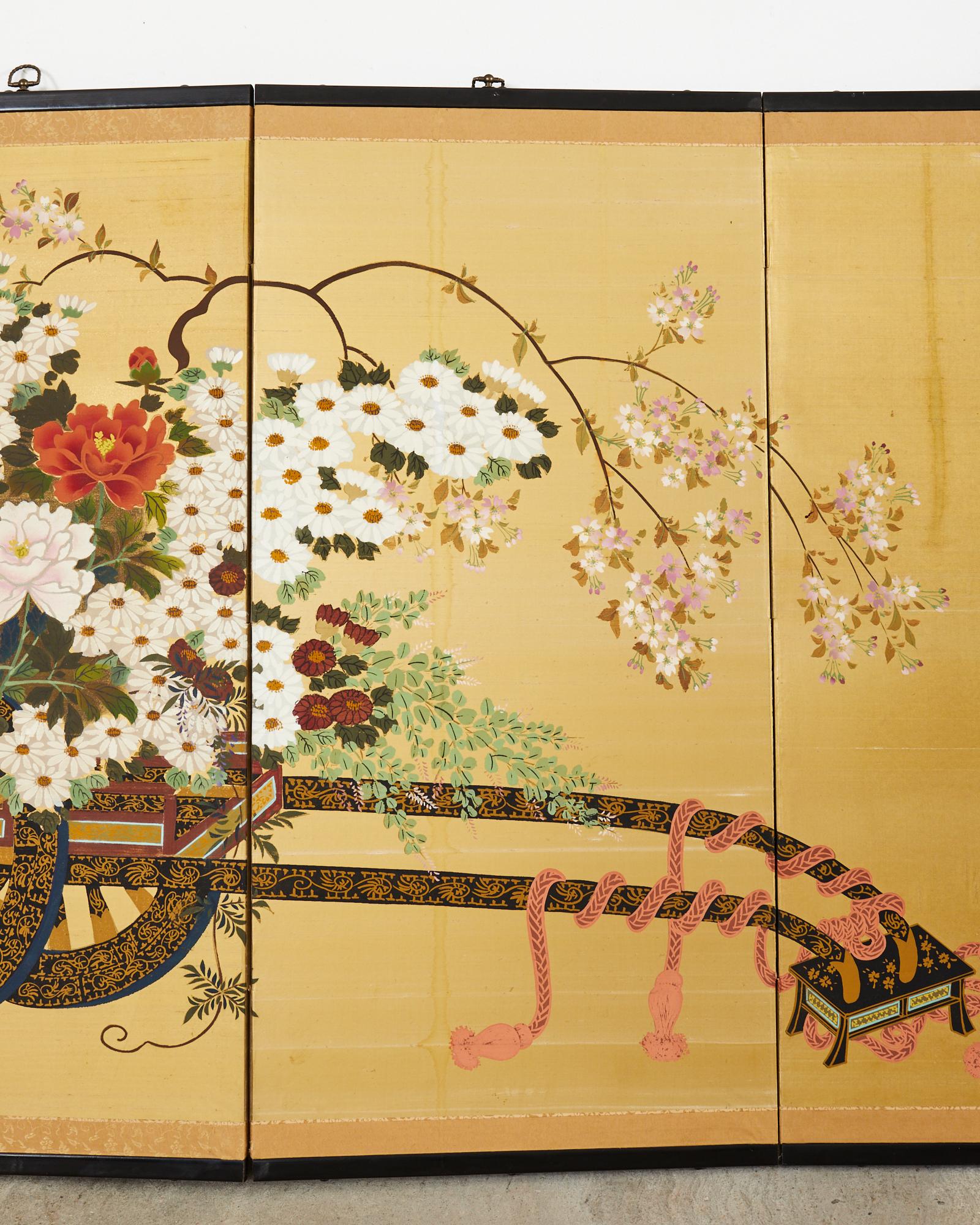20th Century Japanese Showa Four Panel Screen Hanaguruma Flower Cart For Sale