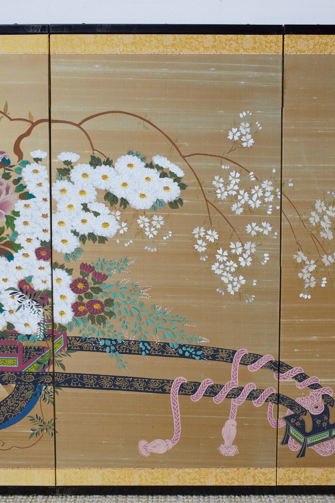 20th Century Japanese Showa Four-Panel Screen Hanaguruma Flower Cart