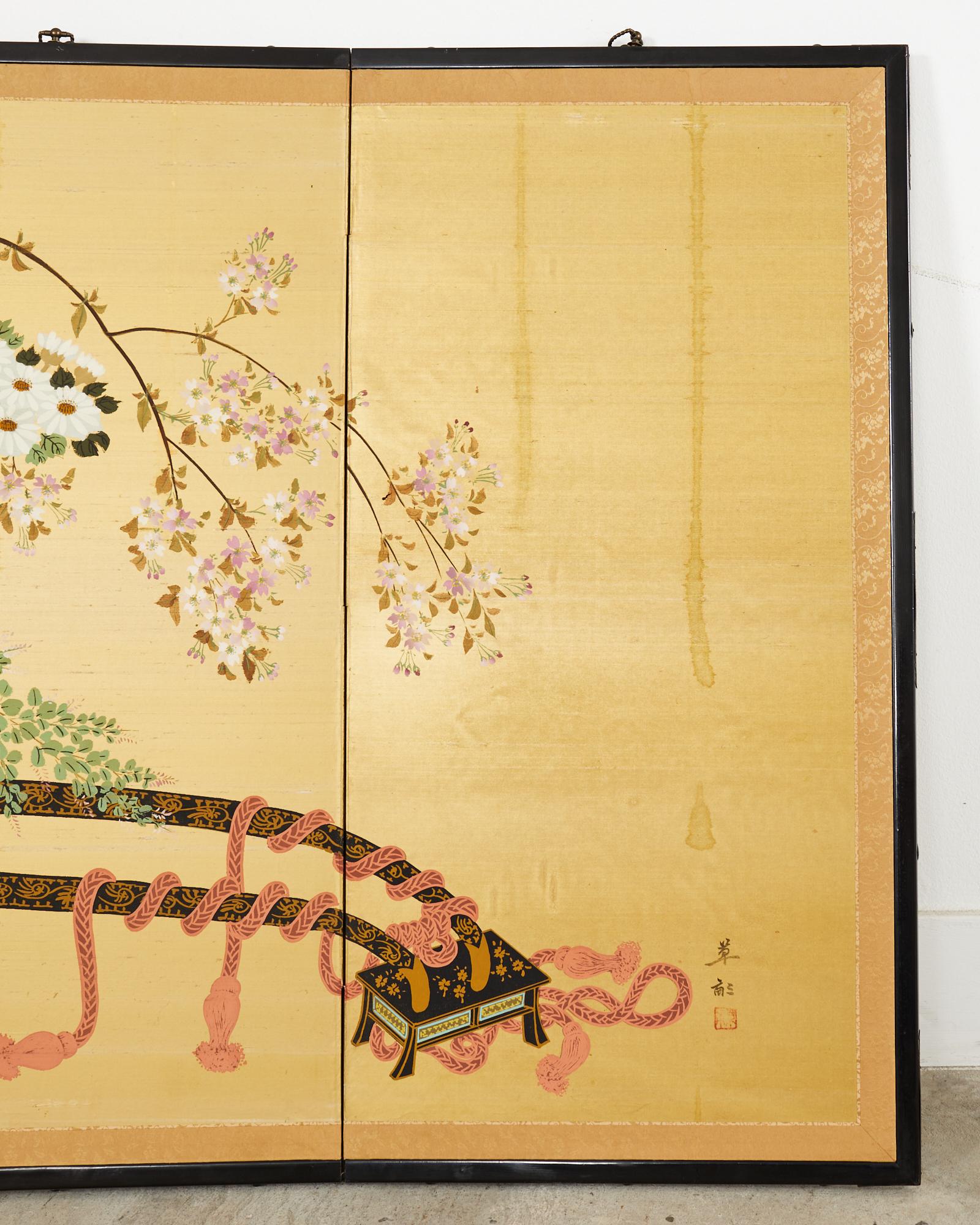20th Century Japanese Showa Four Panel Screen Hanaguruma Flower Cart For Sale