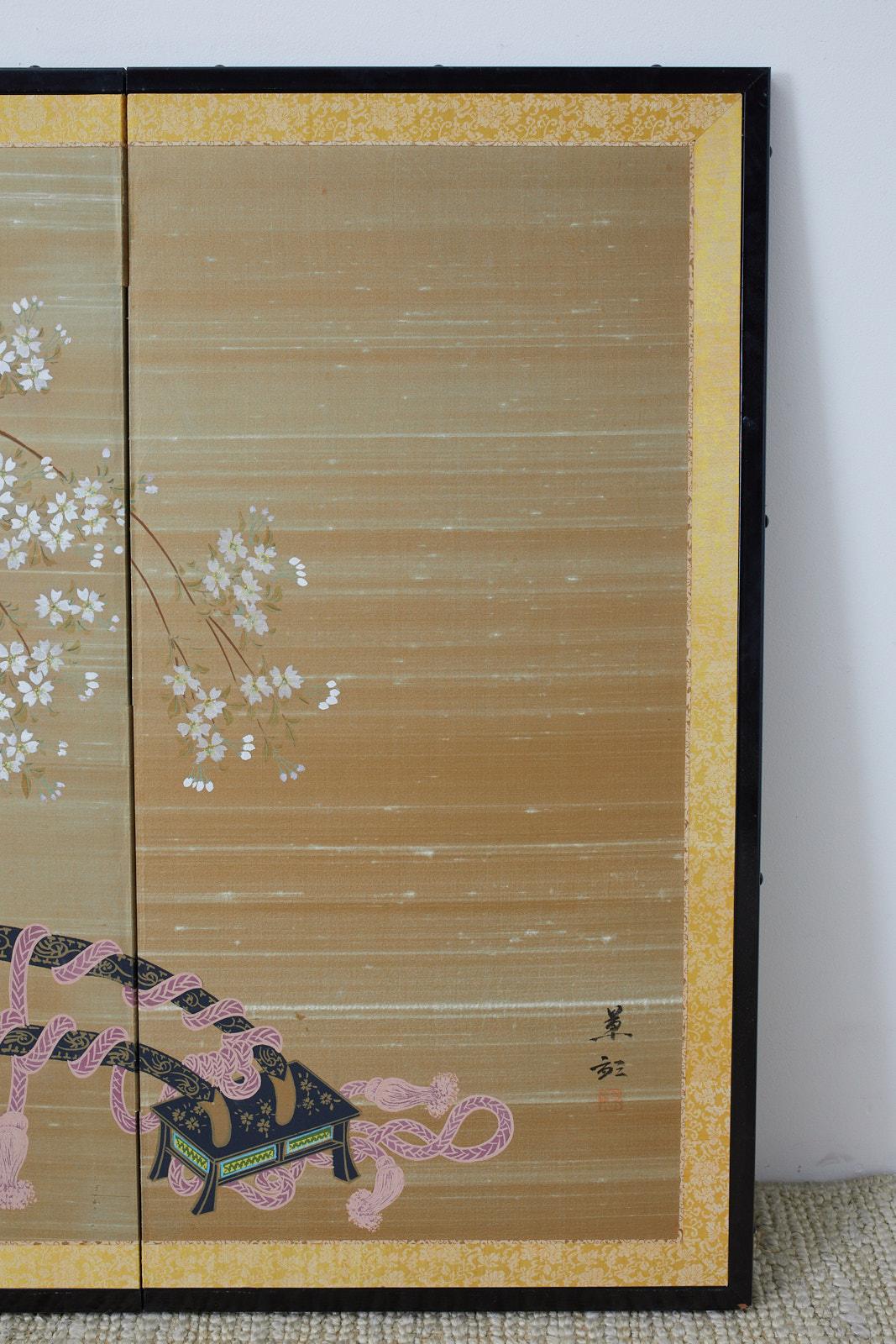 Silk Japanese Showa Four-Panel Screen Hanaguruma Flower Cart