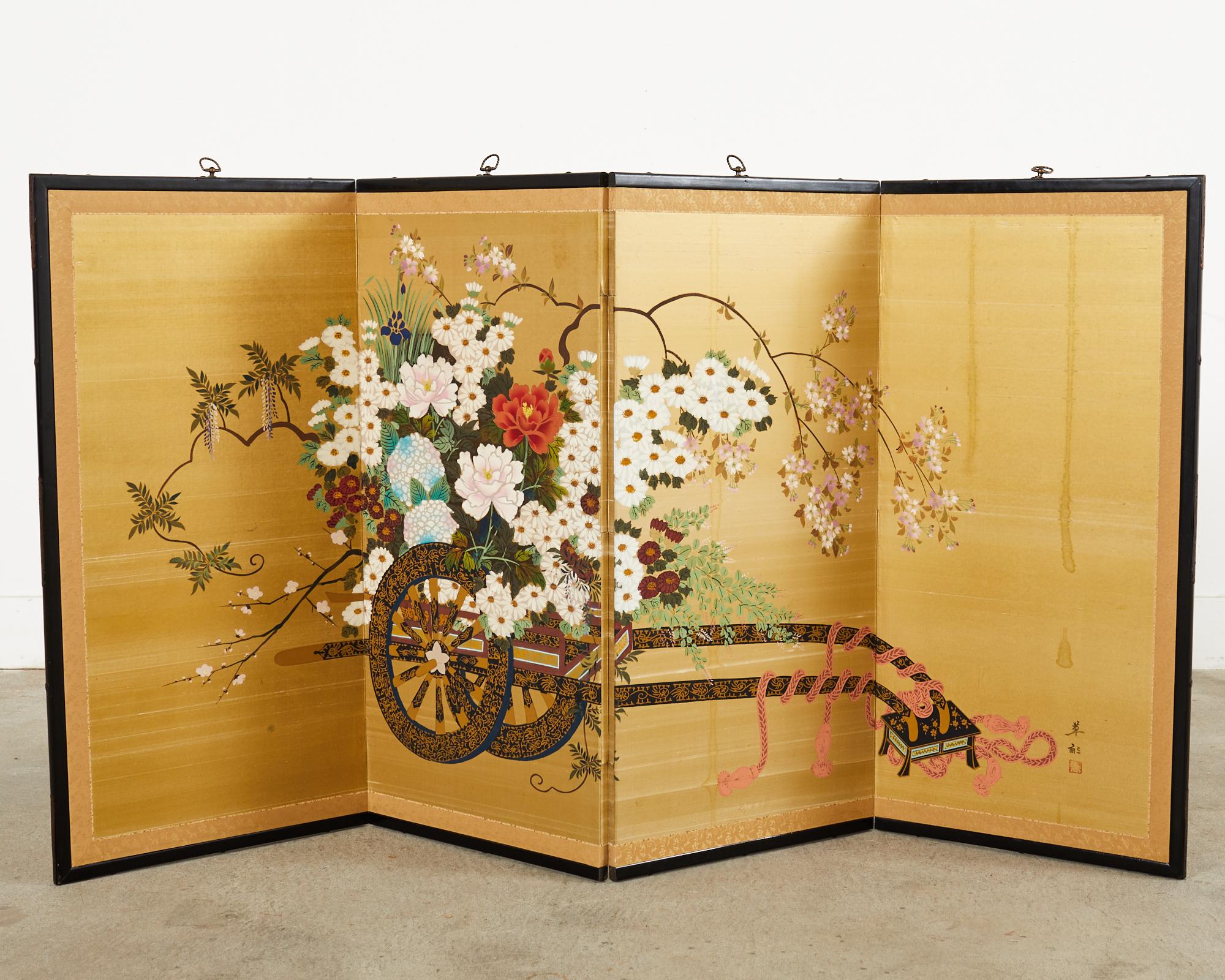 Brass Japanese Showa Four Panel Screen Hanaguruma Flower Cart For Sale