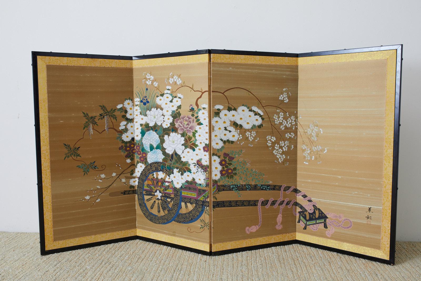 Japanese Showa Four-Panel Screen Hanaguruma Flower Cart 2