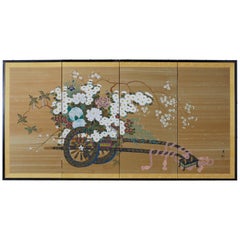 Affiche japonaise Showa à quatre panneaux, chariot à fleurs Hanaguruma