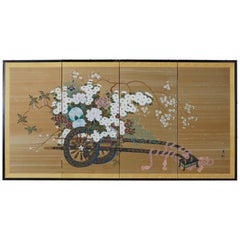 Japanese Showa Four-Panel Screen Hanaguruma Flower Cart