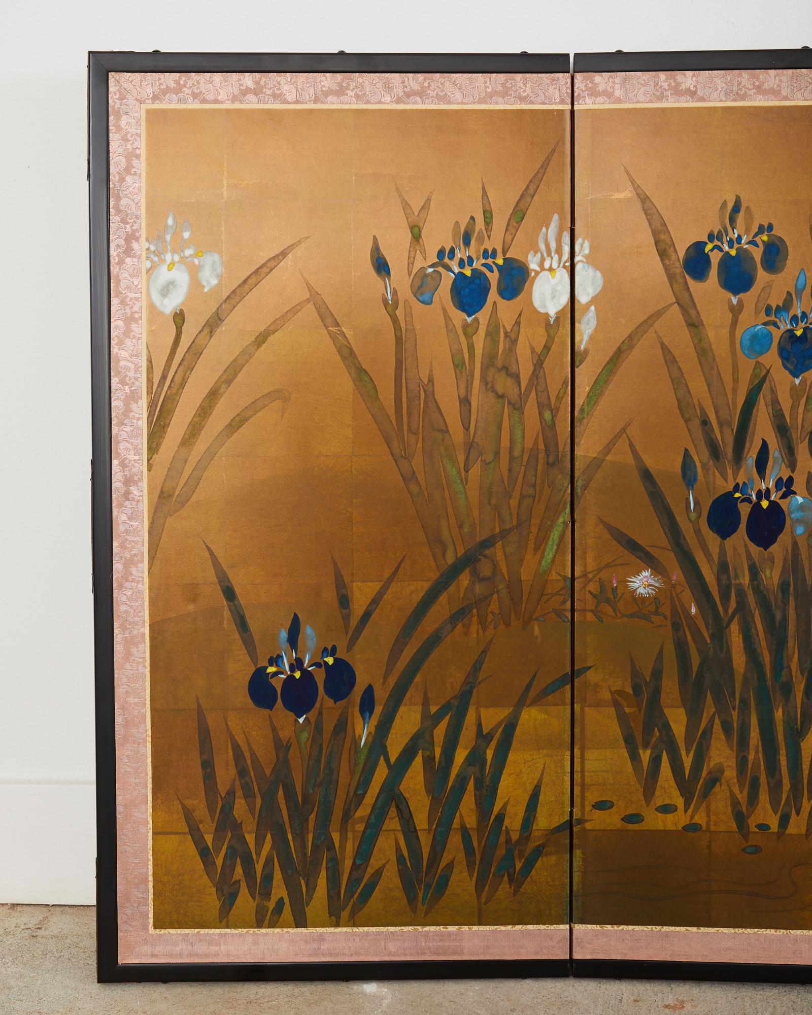 Lacquered Japanese Showa Four Panel Screen Iris Water Landscape