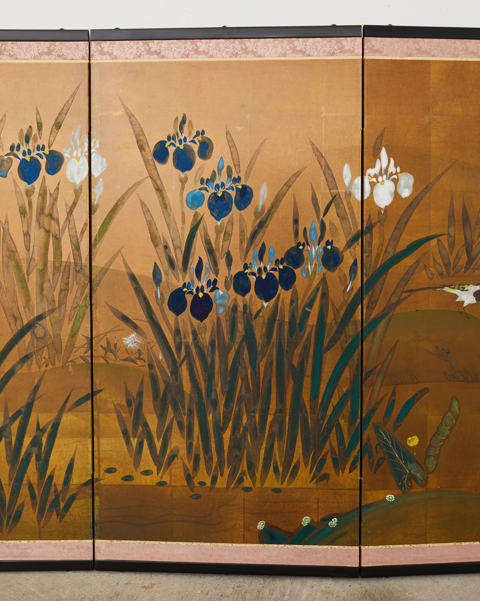 Japanese Showa Four Panel Screen Iris Water Landscape In Good Condition In Rio Vista, CA