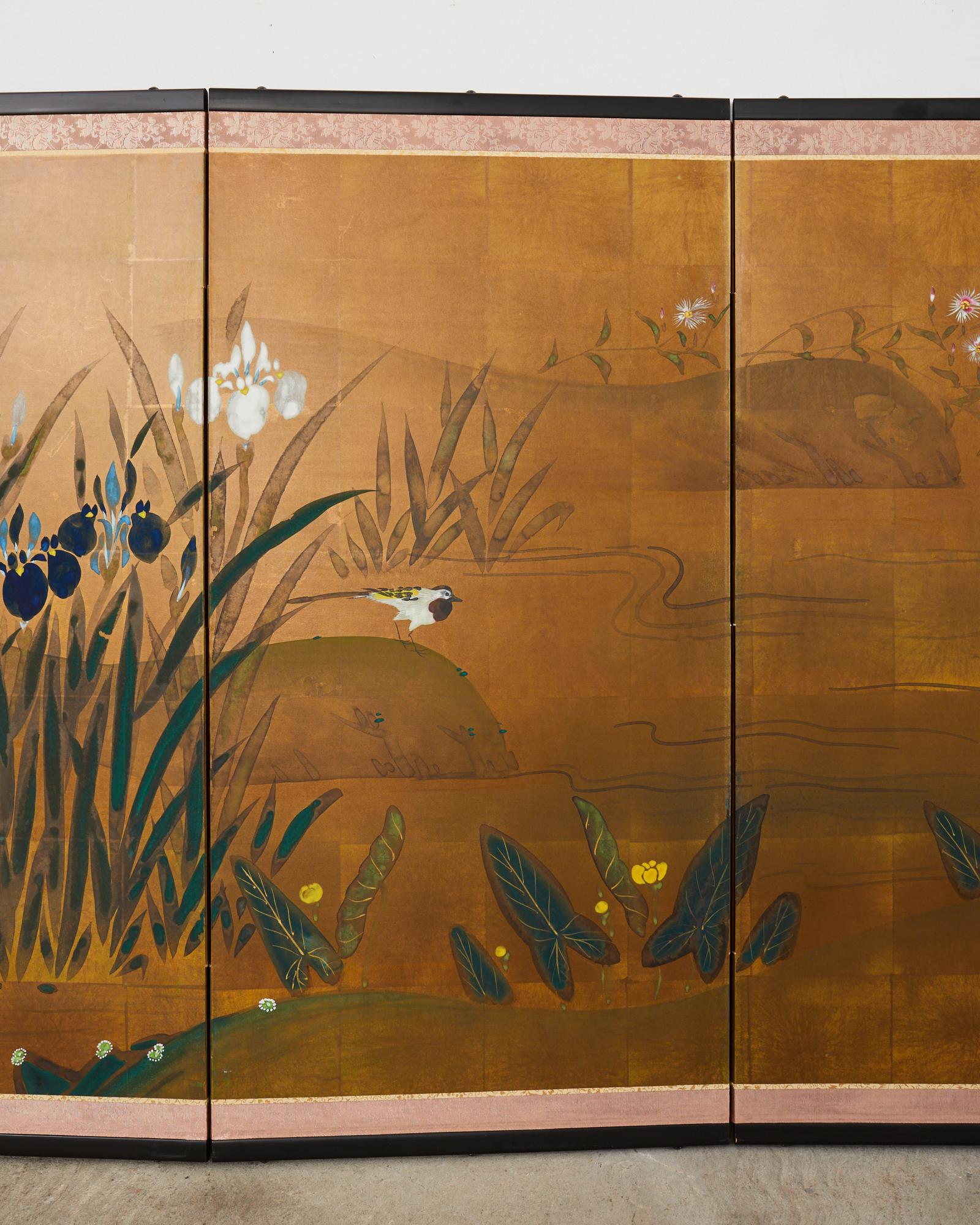 20th Century Japanese Showa Four Panel Screen Iris Water Landscape