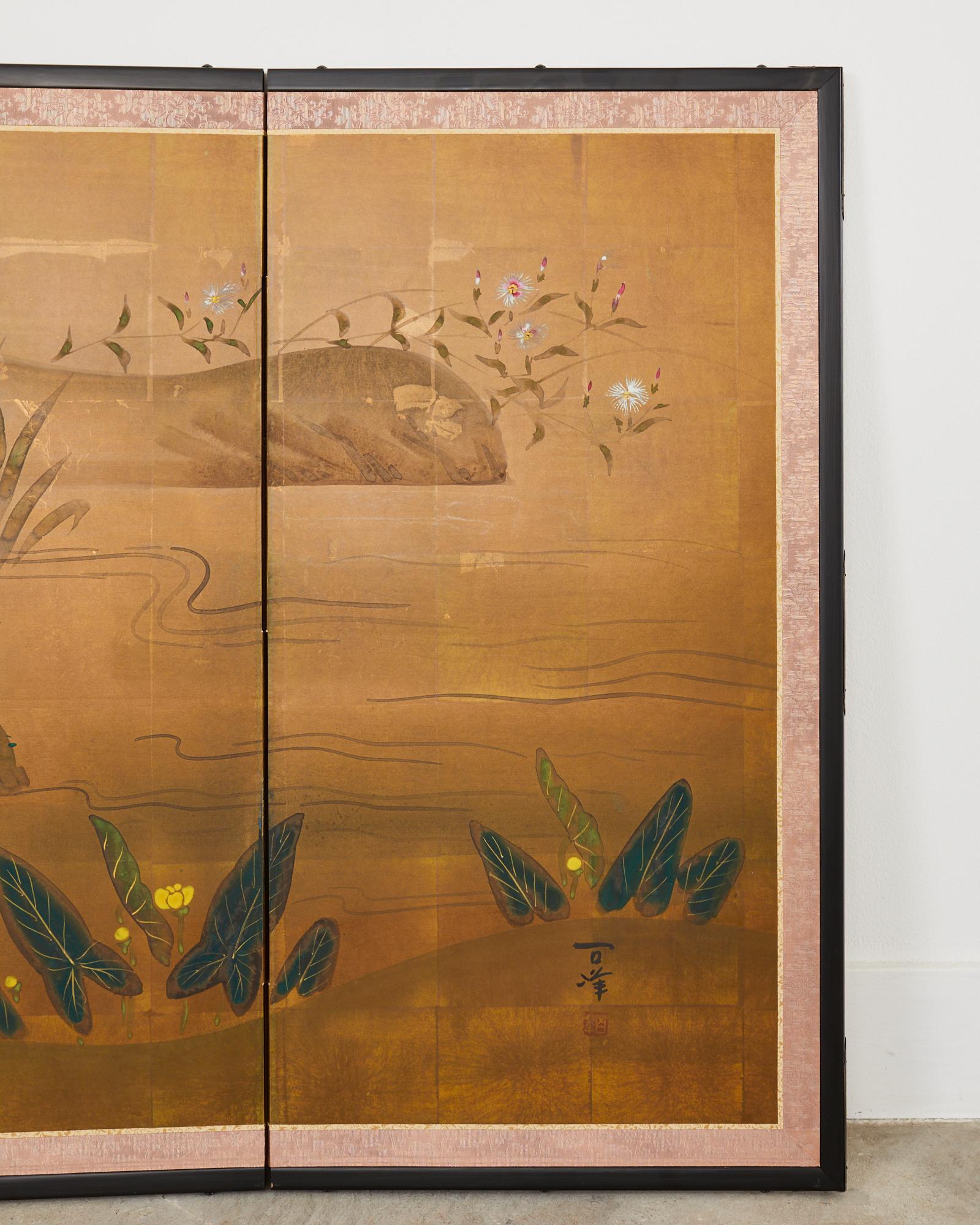 Silk Japanese Showa Four Panel Screen Iris Water Landscape