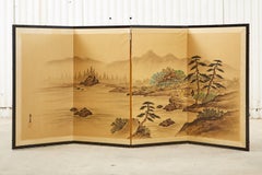 Japanese Showa Four Panel Screen Landscape with Figures