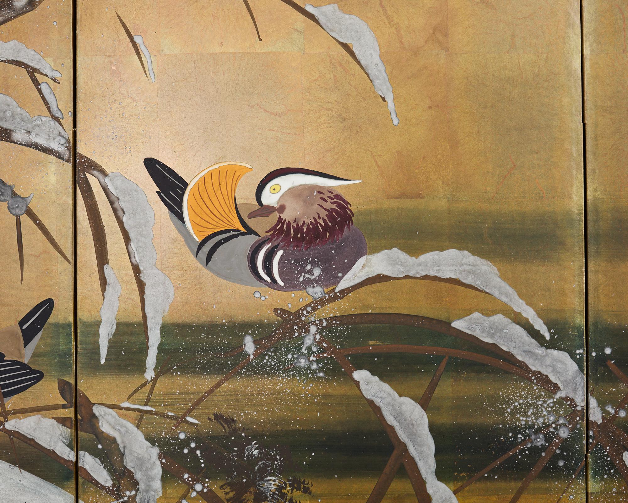 Japanese Showa Four Panel Screen Mandarin Ducks in Snow 4