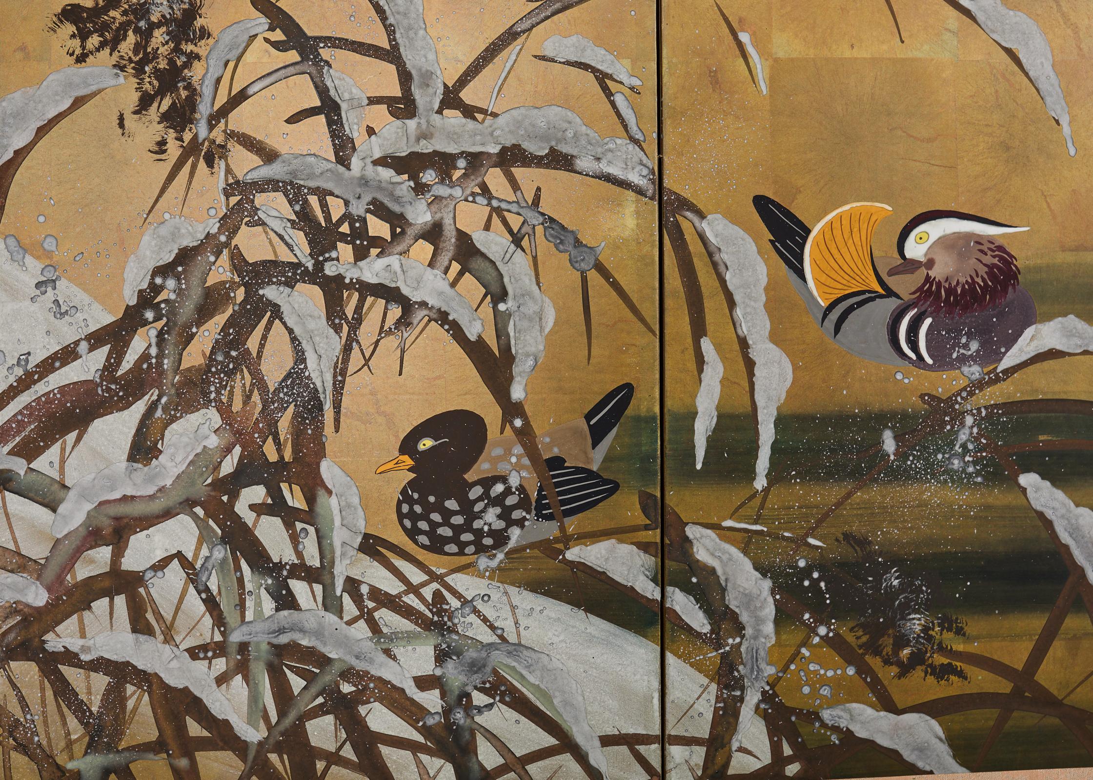 Japanese Showa Four Panel Screen Mandarin Ducks in Snow 5