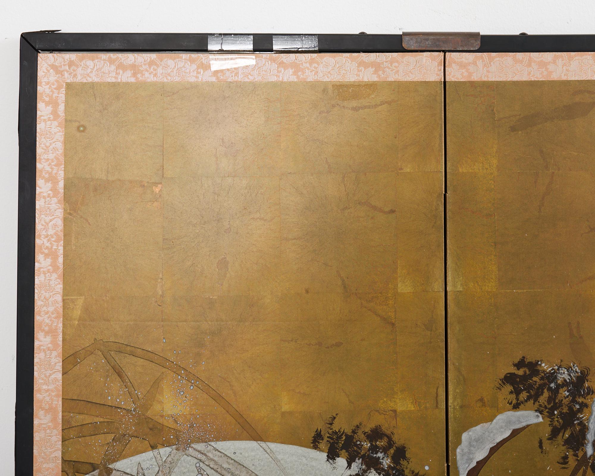 Japanese Showa Four Panel Screen Mandarin Ducks in Snow 6