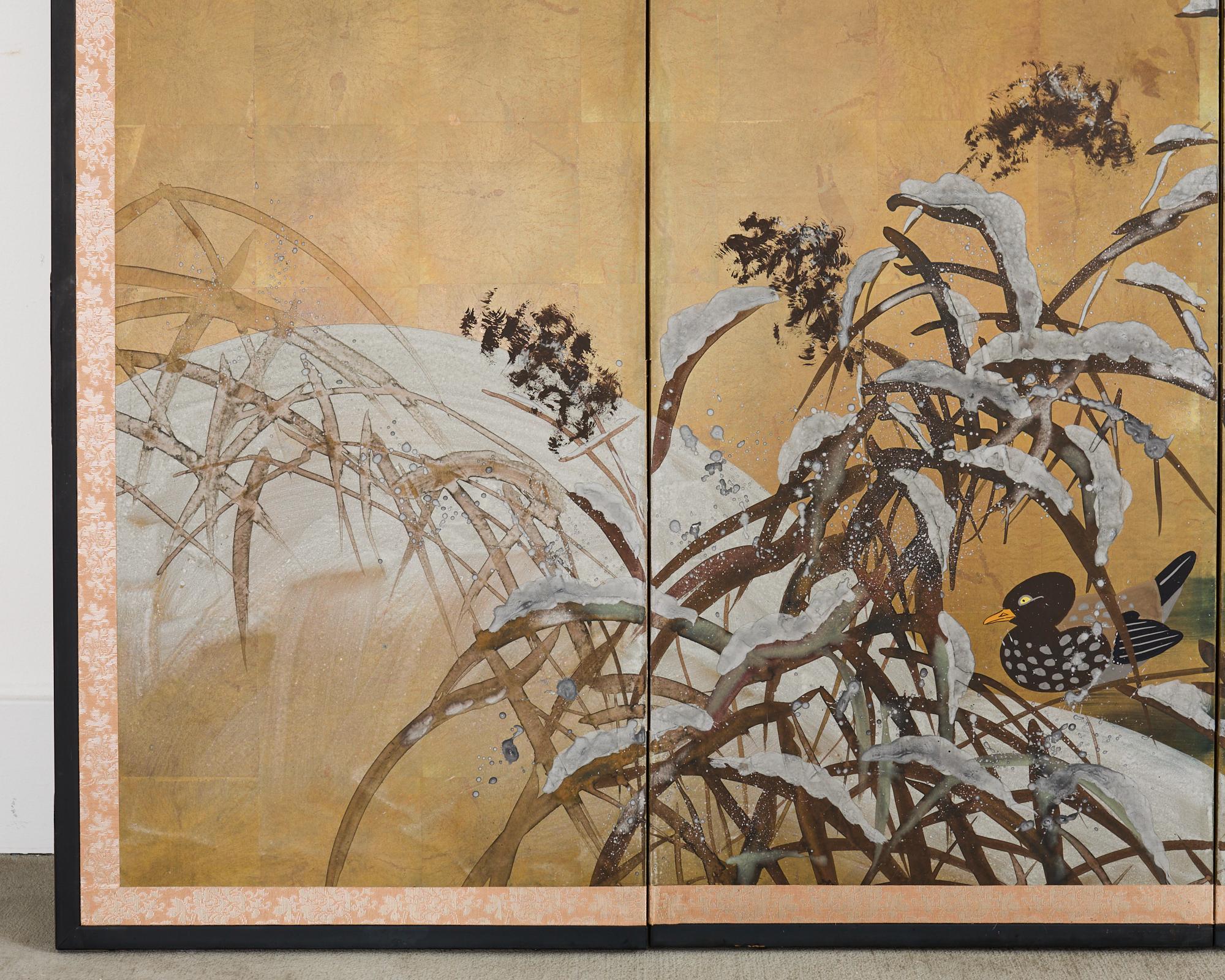 Japanese Showa Four Panel Screen Mandarin Ducks in Snow 7