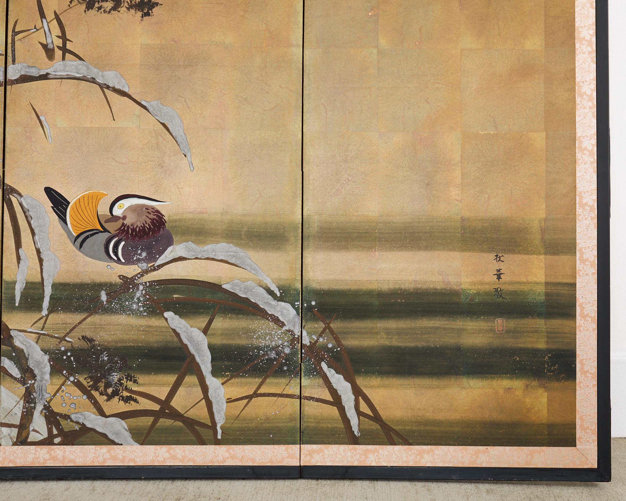 Japanese Showa Four Panel Screen Mandarin Ducks in Snow 9