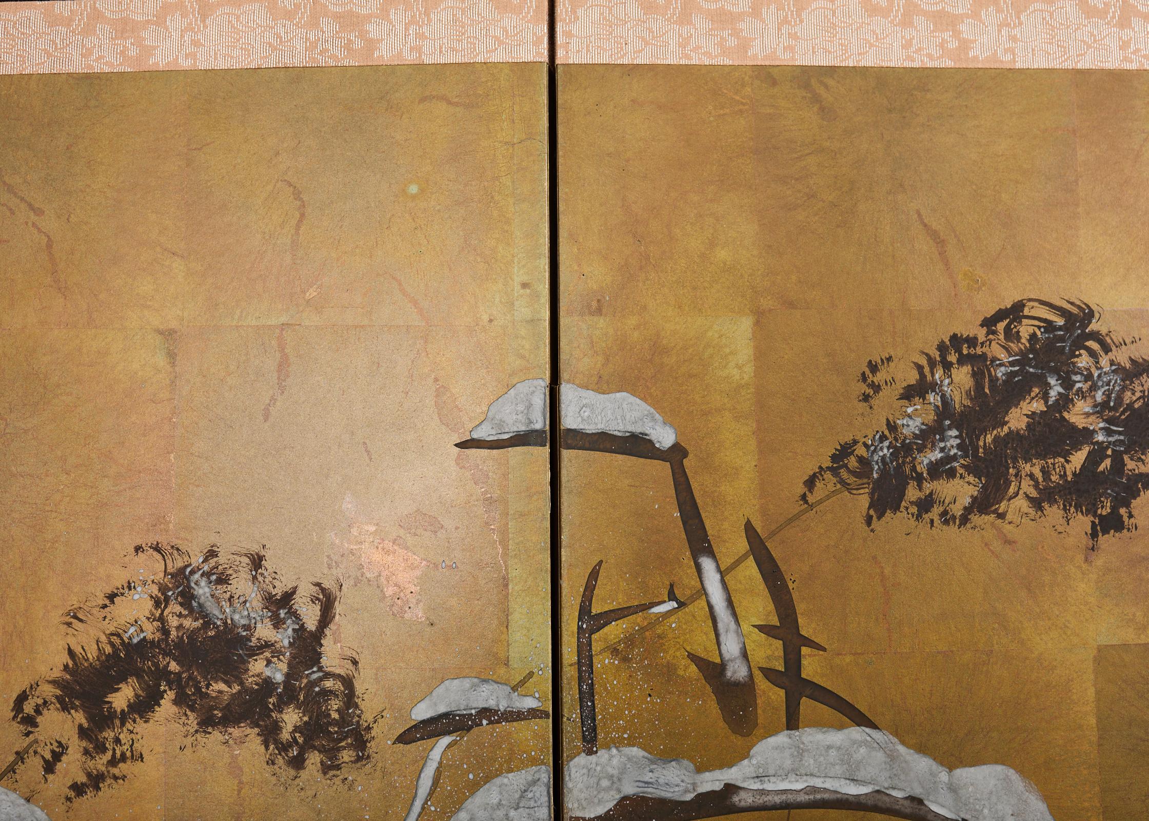 Japanese Showa Four Panel Screen Mandarin Ducks in Snow 10