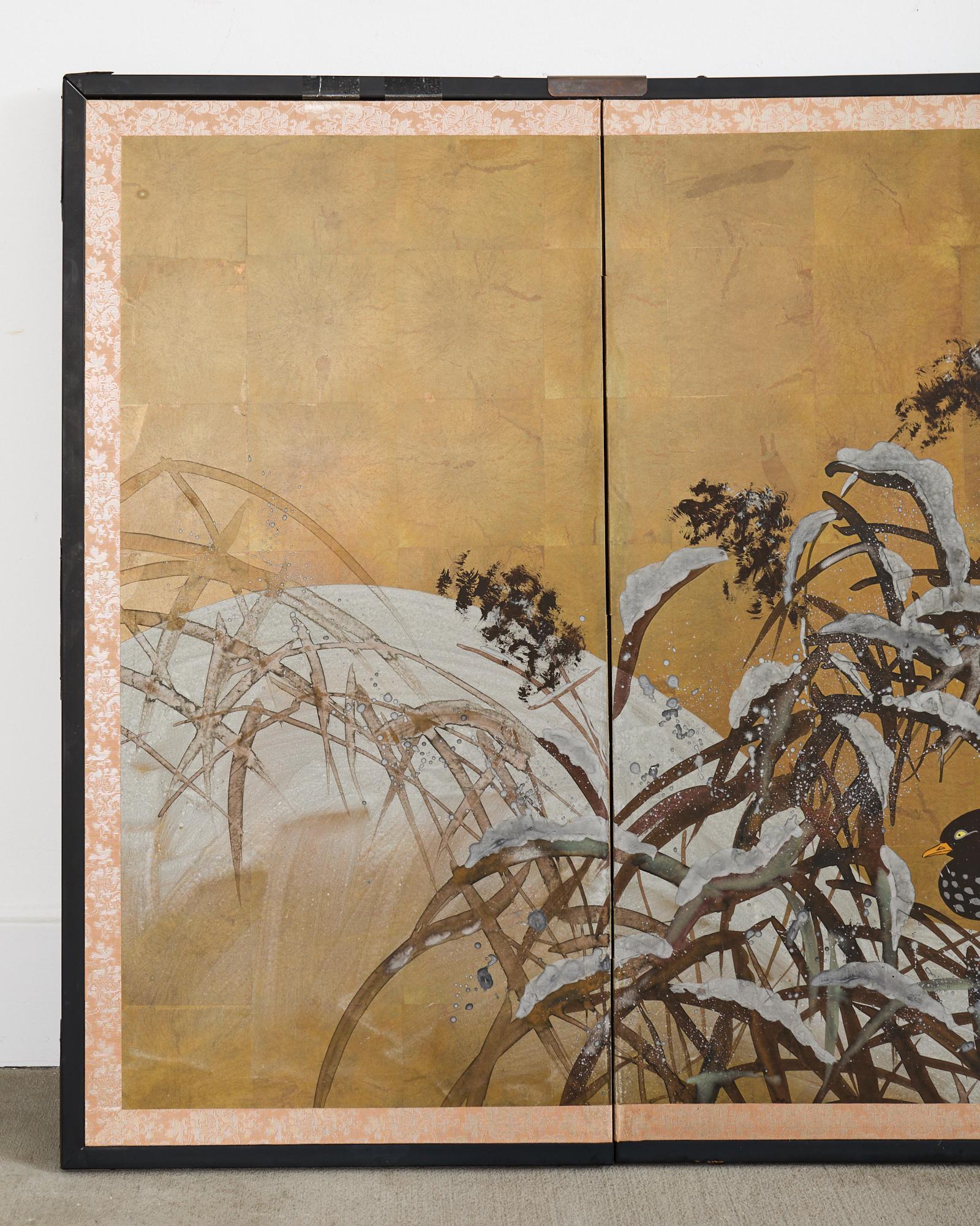 Hand-Crafted Japanese Showa Four Panel Screen Mandarin Ducks in Snow