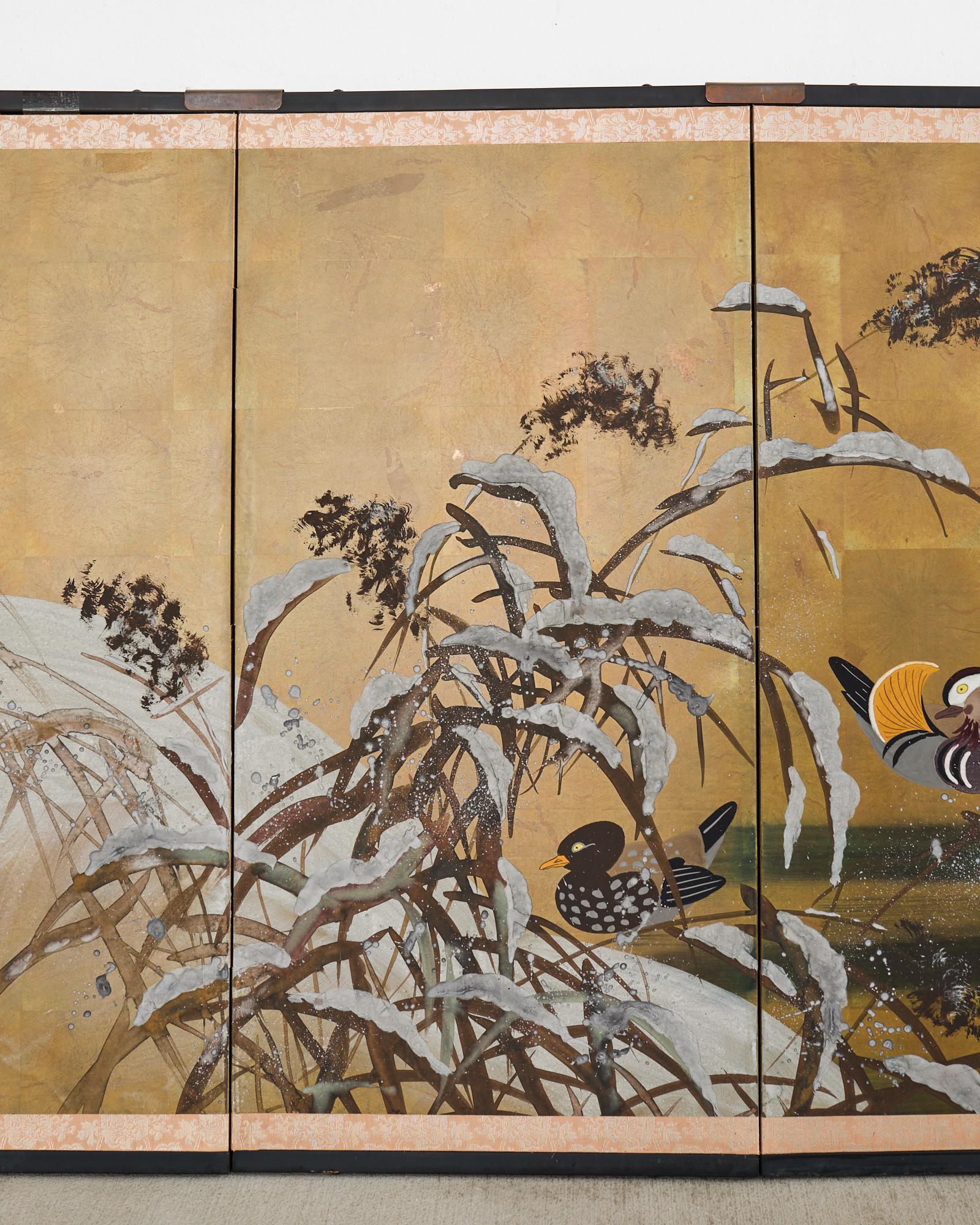 Japanese Showa Four Panel Screen Mandarin Ducks in Snow In Good Condition In Rio Vista, CA