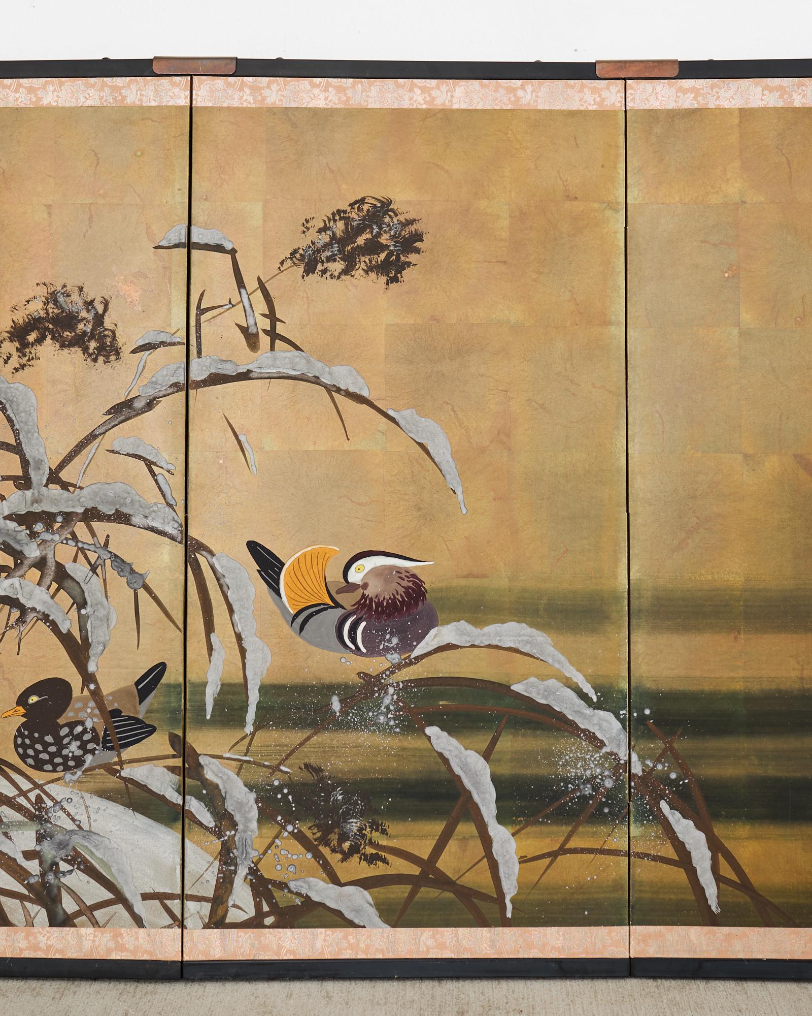20th Century Japanese Showa Four Panel Screen Mandarin Ducks in Snow