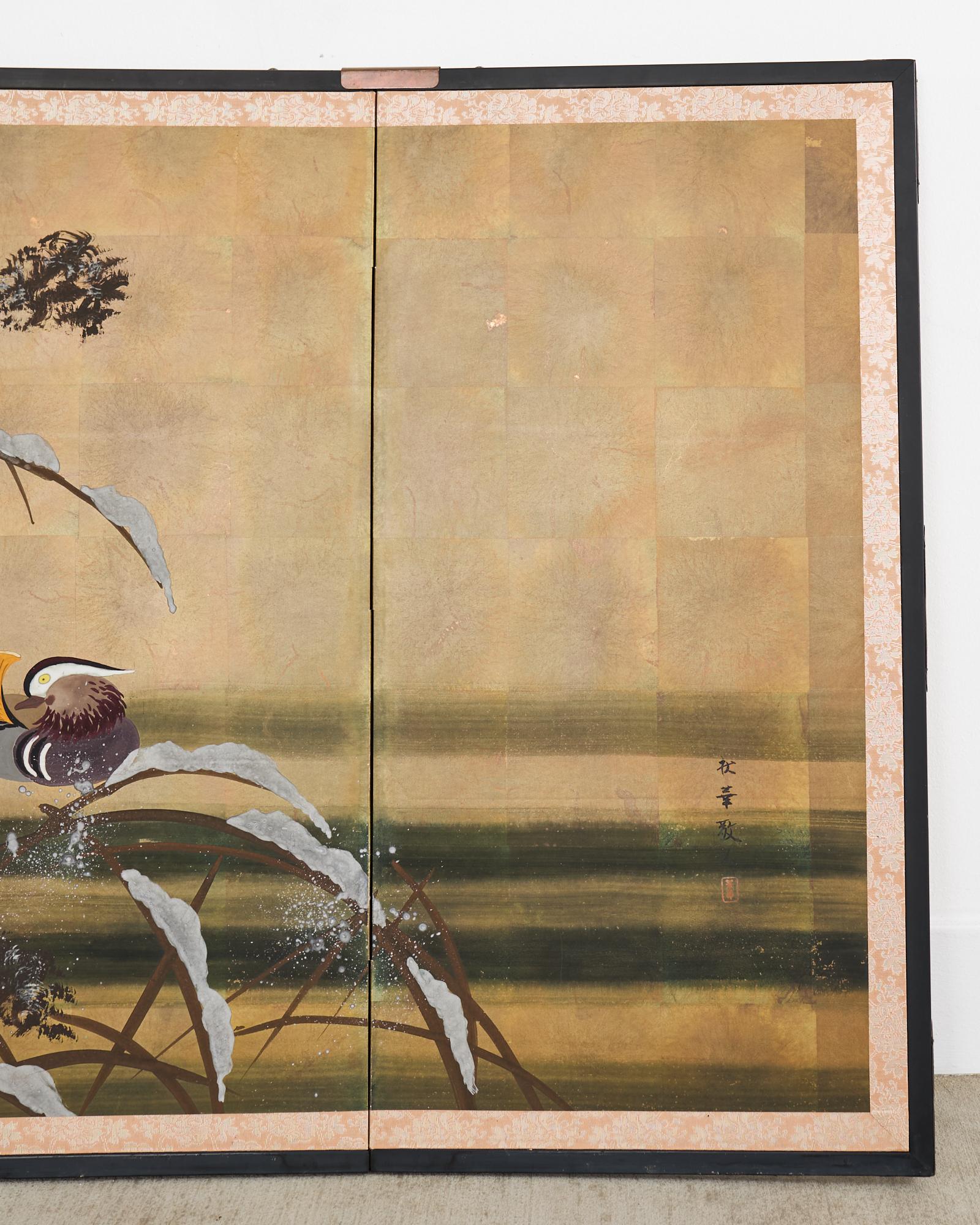 Brass Japanese Showa Four Panel Screen Mandarin Ducks in Snow