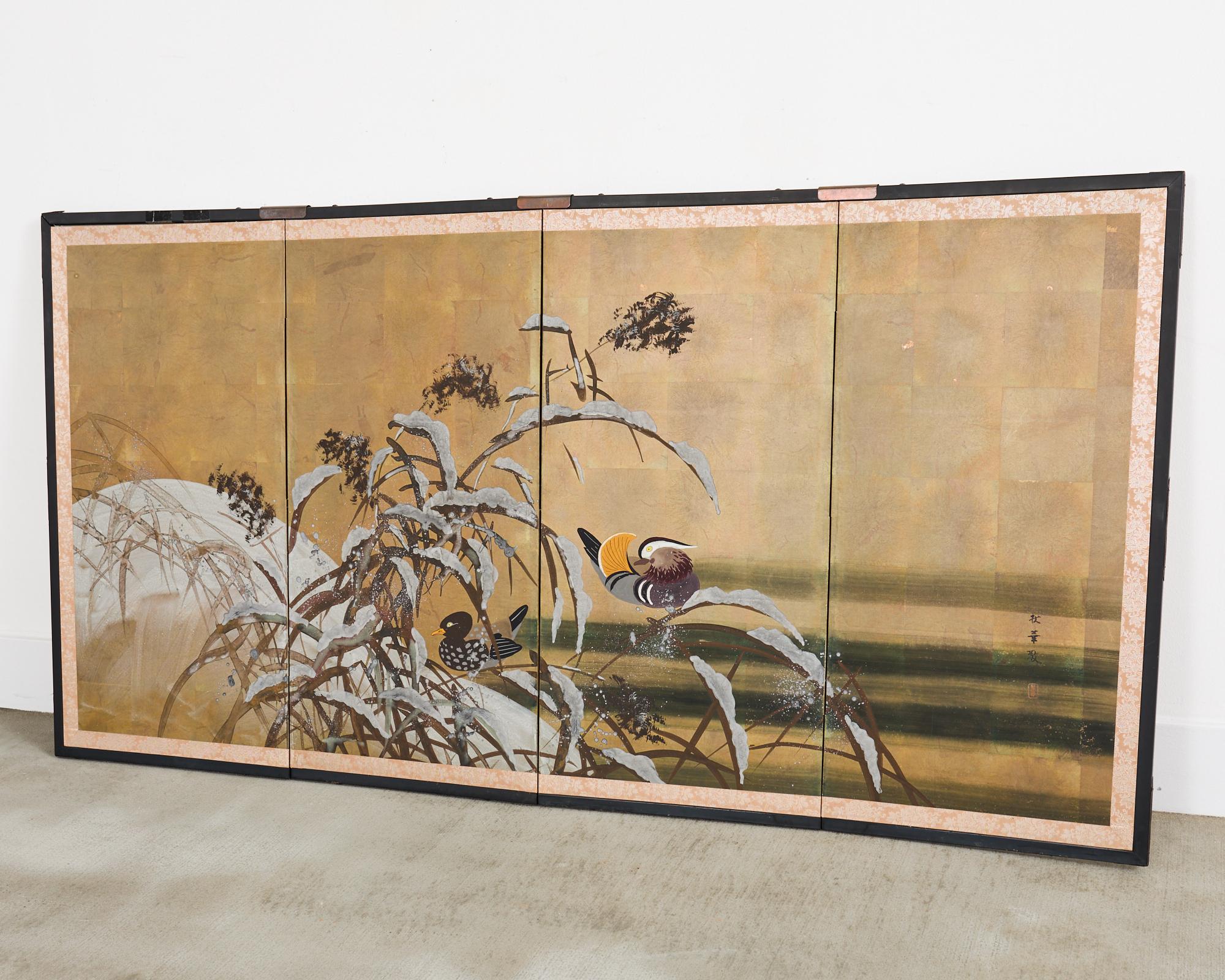 Japanese Showa Four Panel Screen Mandarin Ducks in Snow 2