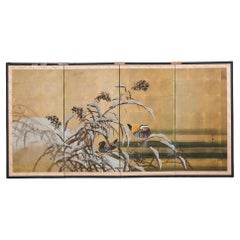 Japanese Showa Four Panel Screen Mandarin Ducks in Snow