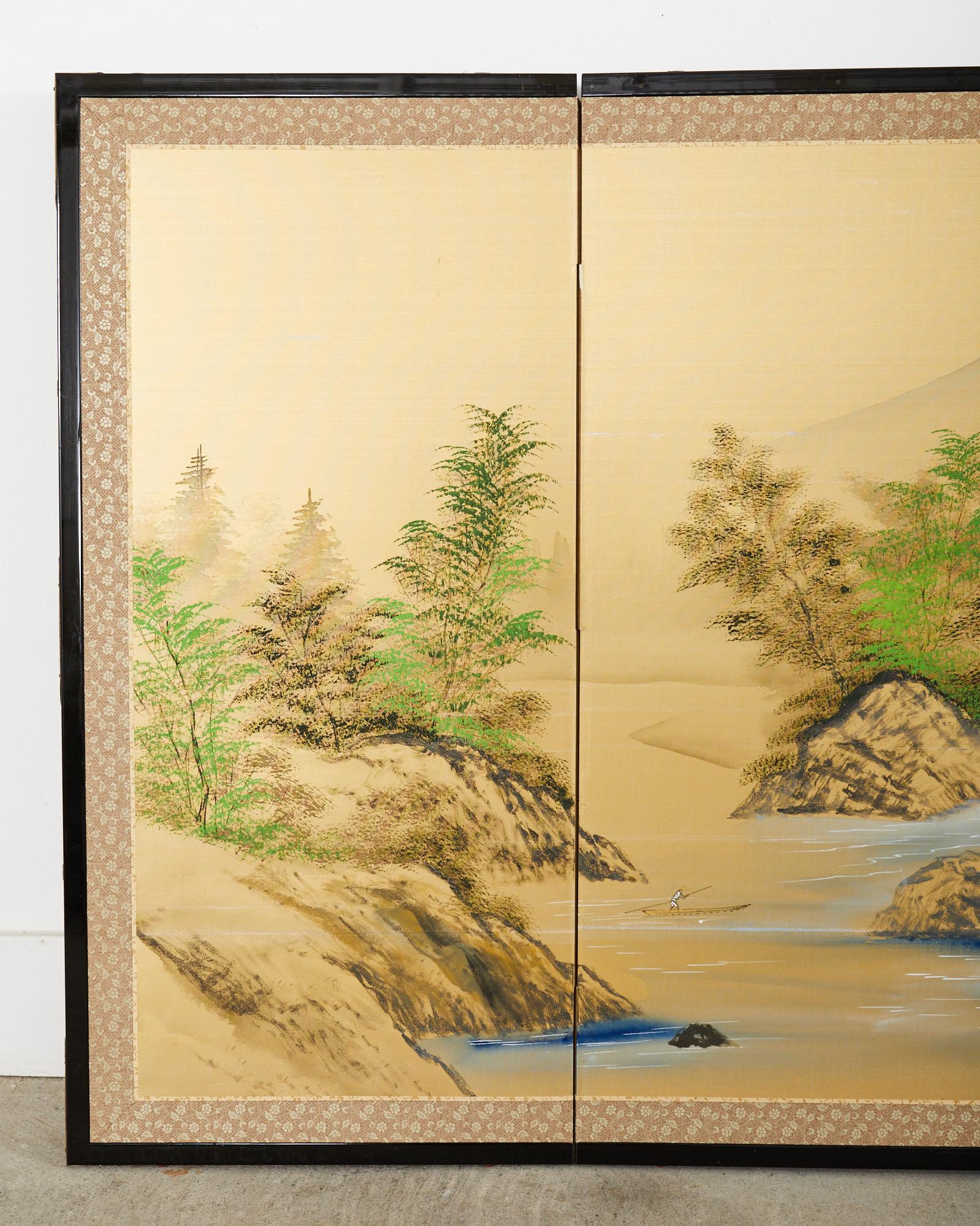 Lacquered Japanese Showa Four Panel Screen Mount Fuji Landscape For Sale