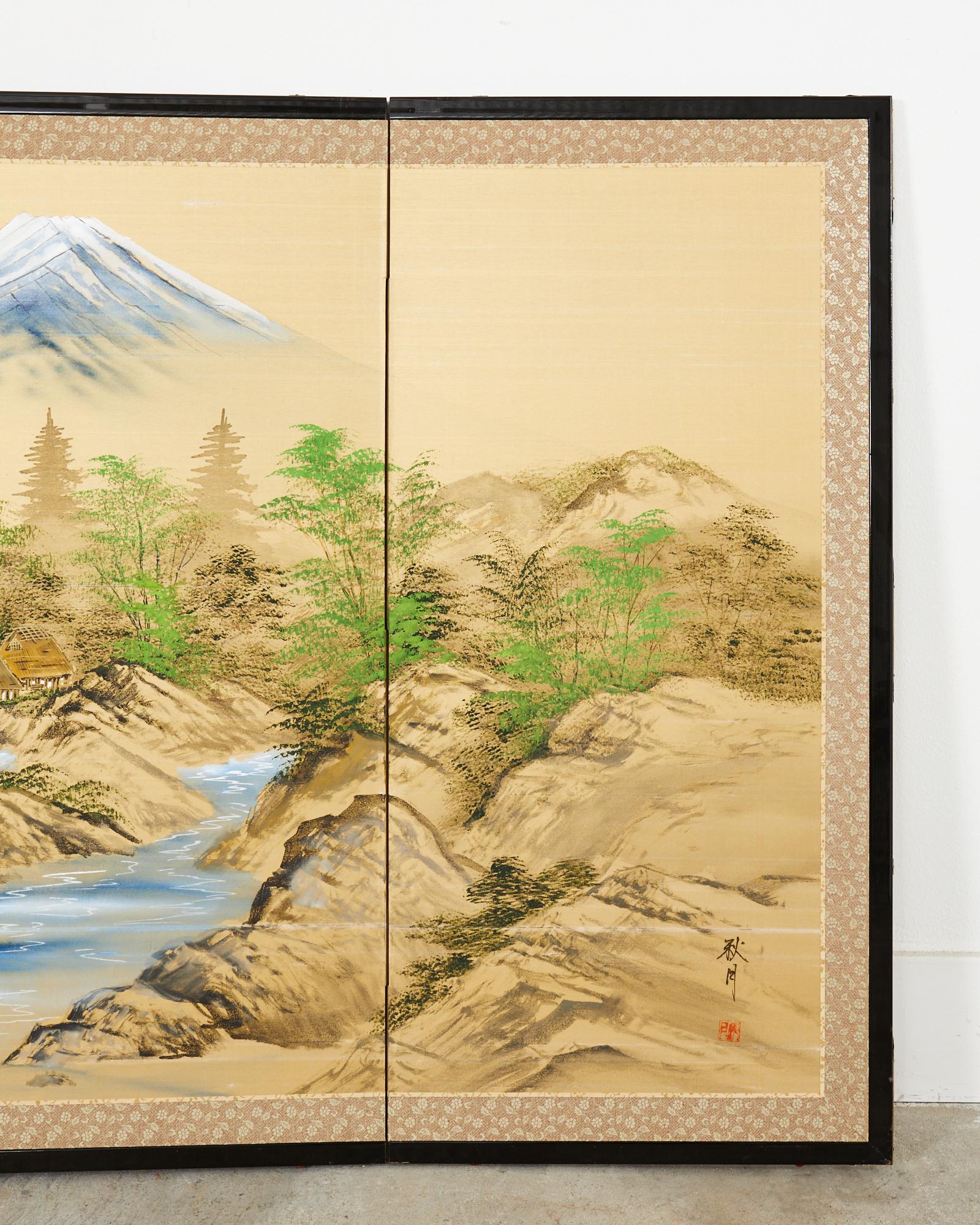 20th Century Japanese Showa Four Panel Screen Mount Fuji Landscape For Sale